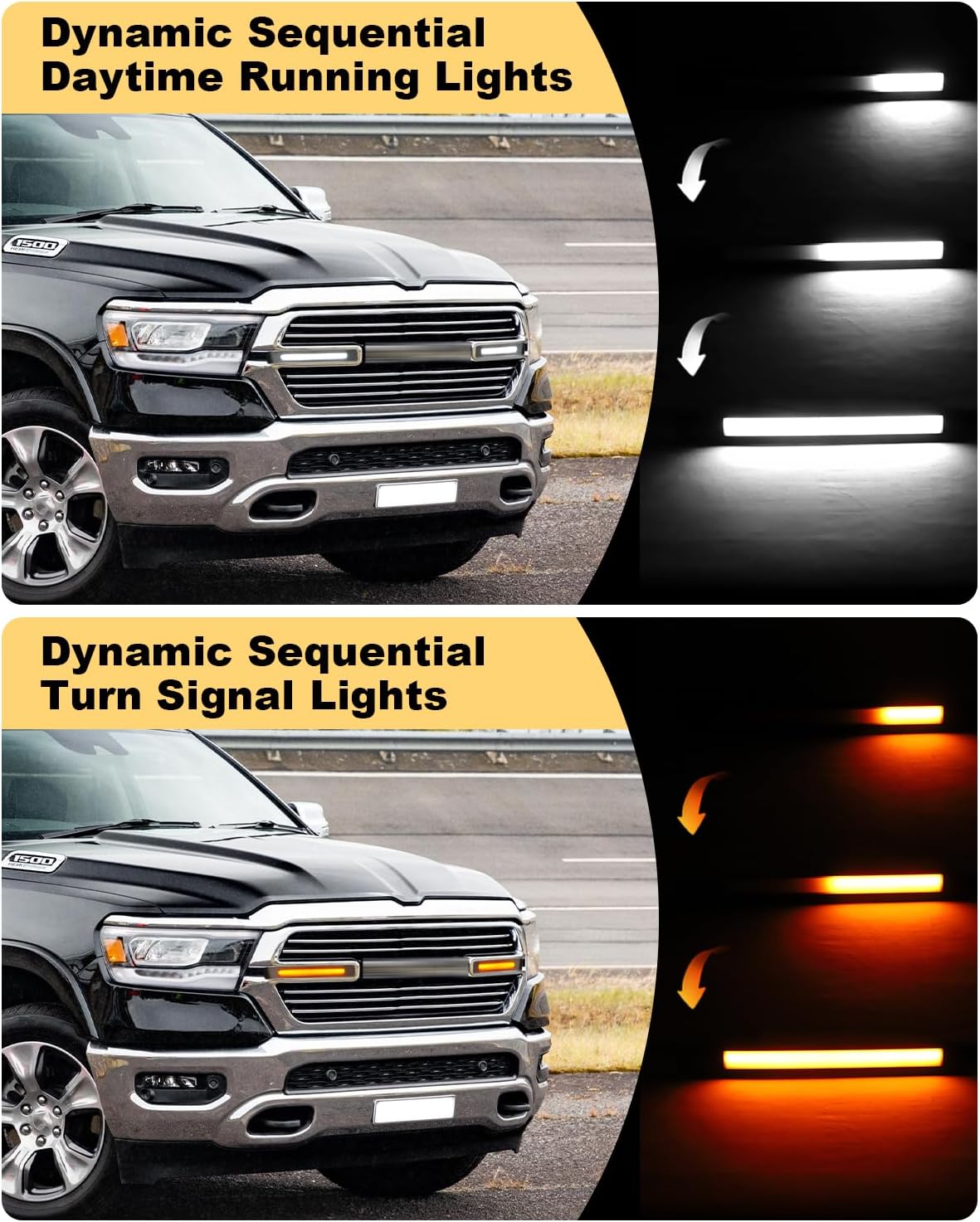 LED Grille Light Bars for 2019-2024 Dodge Ram 1500 Laramie OEM Grill Lights with Sequential DRL and Turn Signals (Style Without Stars)