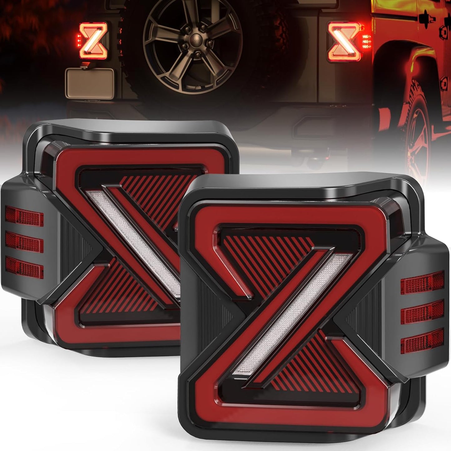 LED Tail Lights for 2007-2018 Jeep Wrangler JK JKU - X & Z Shaped Design, Dynamic Start Up, Parking, Brake, Turn Signal, Reverse Light, Easy Install - OMOTOR