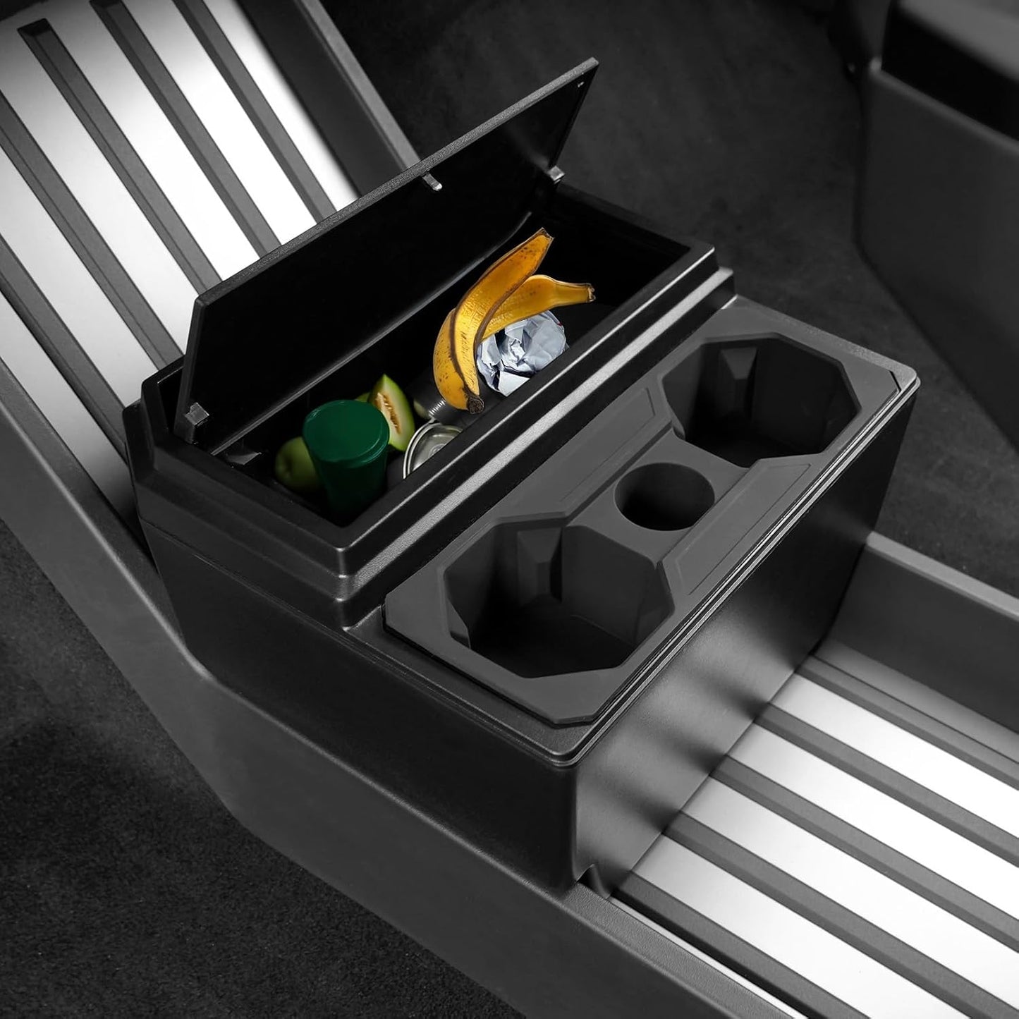 Floor Lower Console Storage Box with Cup Holder for Tesla Cybertruck, Trash Can for Cybertruck Accessories Lined with Silicone Sleeve