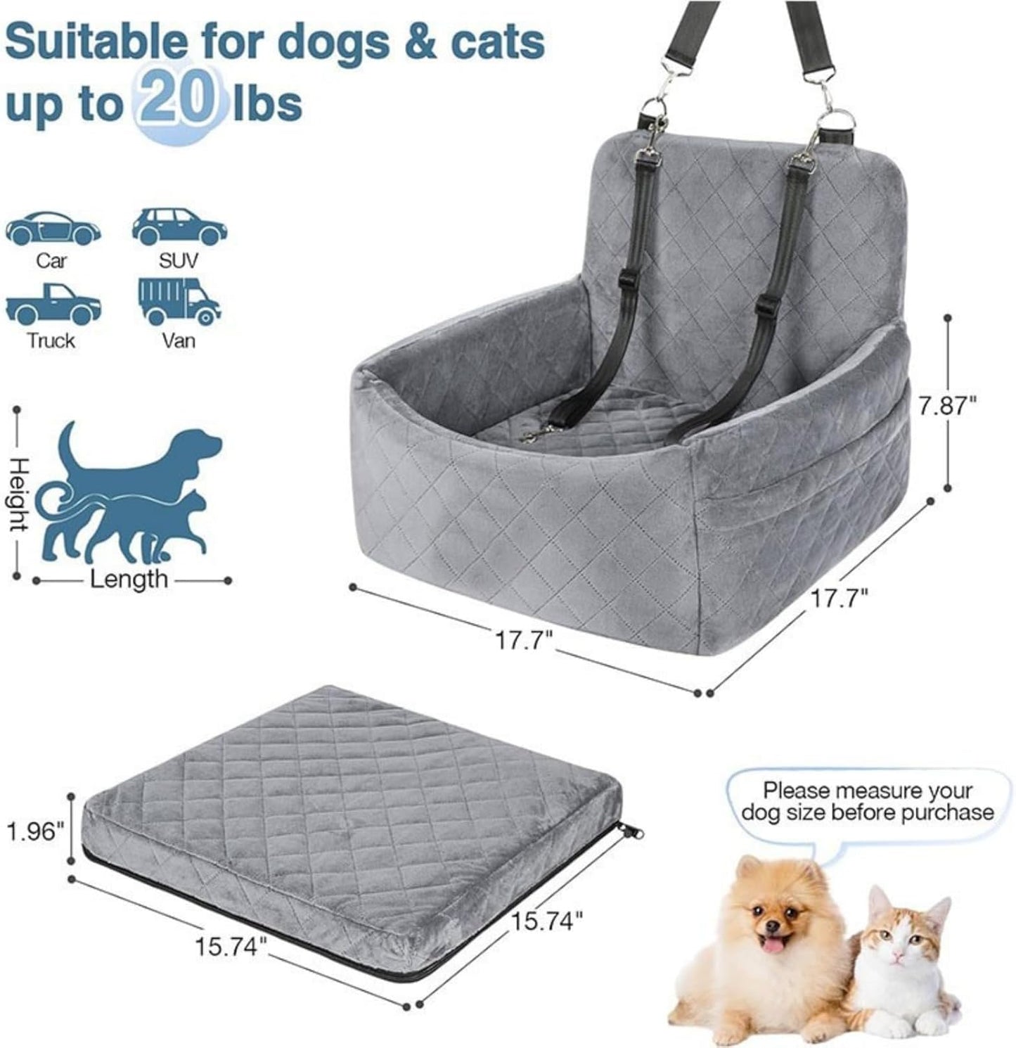 Dog Booster Seat for Small & Medium Dogs Under 30lbs | Detachable Washable Car Seat with Safety Belt & Storage Pockets | Travel Bed for Cars (Black,45 * 45 * 20cm)