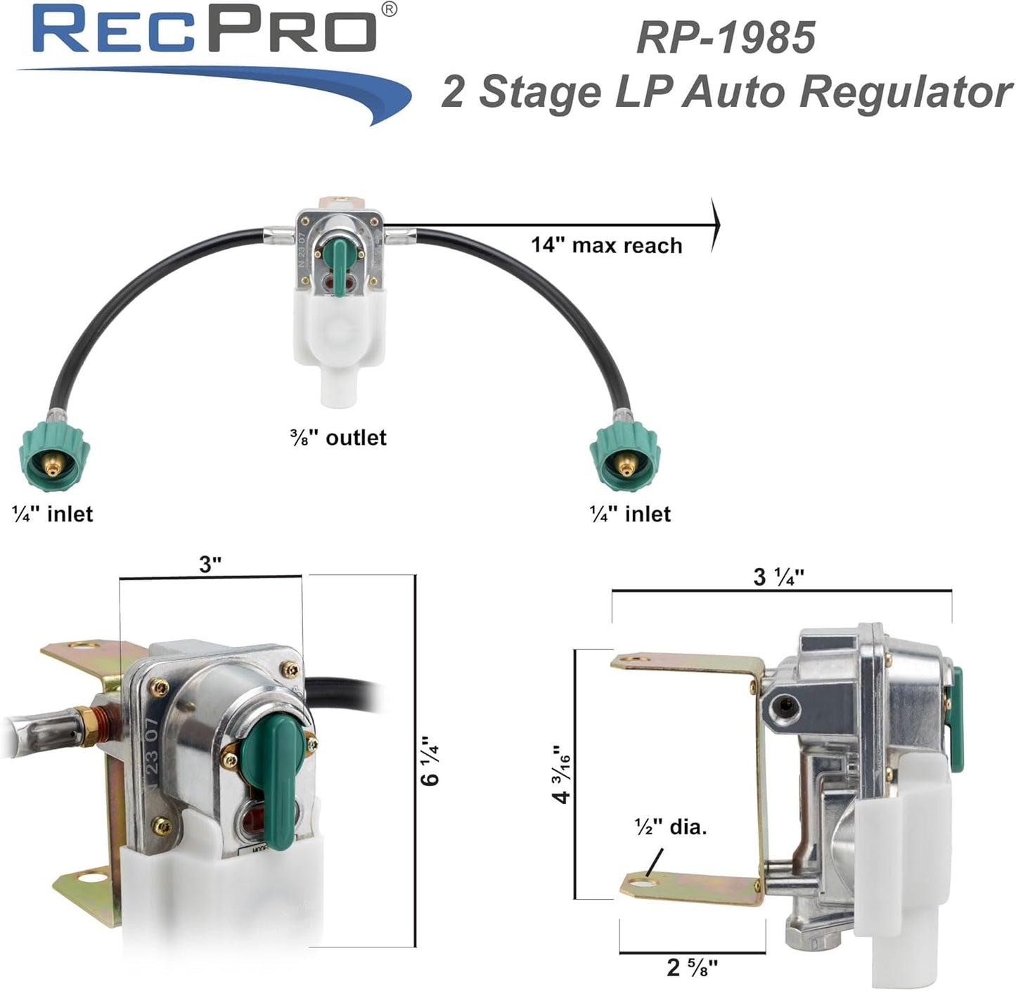 RecPro RV Propane Gas Regulator 2-Stage Auto Changeover | 11.5" Pigtail Hose Connector | 250 PSI | 287,500 BTU | Mounting Bracket & Cover | For RVs, Vans & Trailers