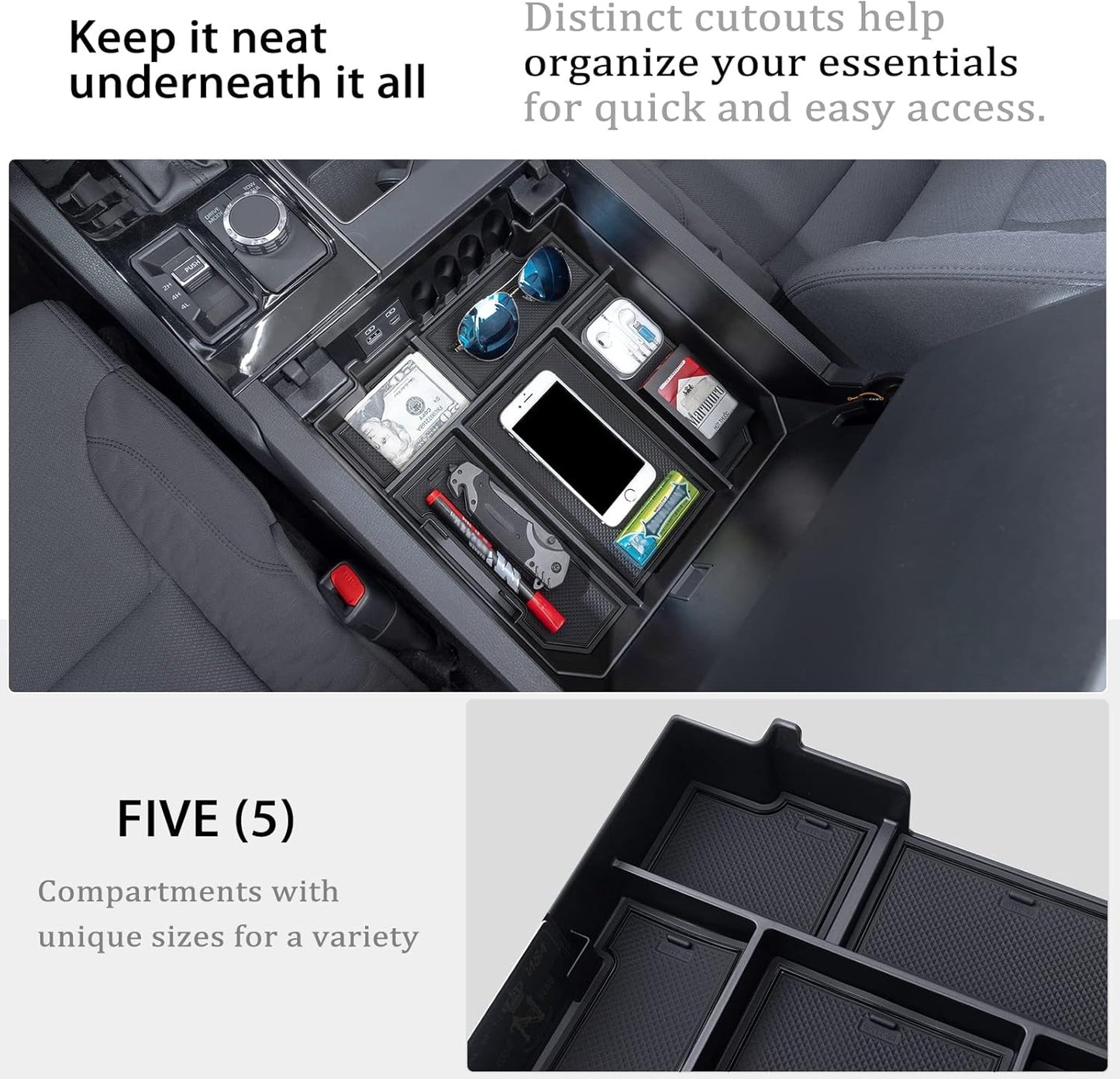 JDMCAR Center Console Organizer Compatible with 2022 2023 2024 2025 Toyota Tundra Accessories and 2023-2025 toyota sequoia Armrest Secondary Storage Box ABS Material with Non-Slip Mats (Black Trim)