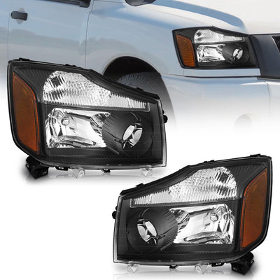 Headlights for 2004-2015 Nissan Titan & 2004 Pathfinder Armada - Black/Chrome Housing, Amber Reflector, 2005-2007 Armada Headlamp Replacement