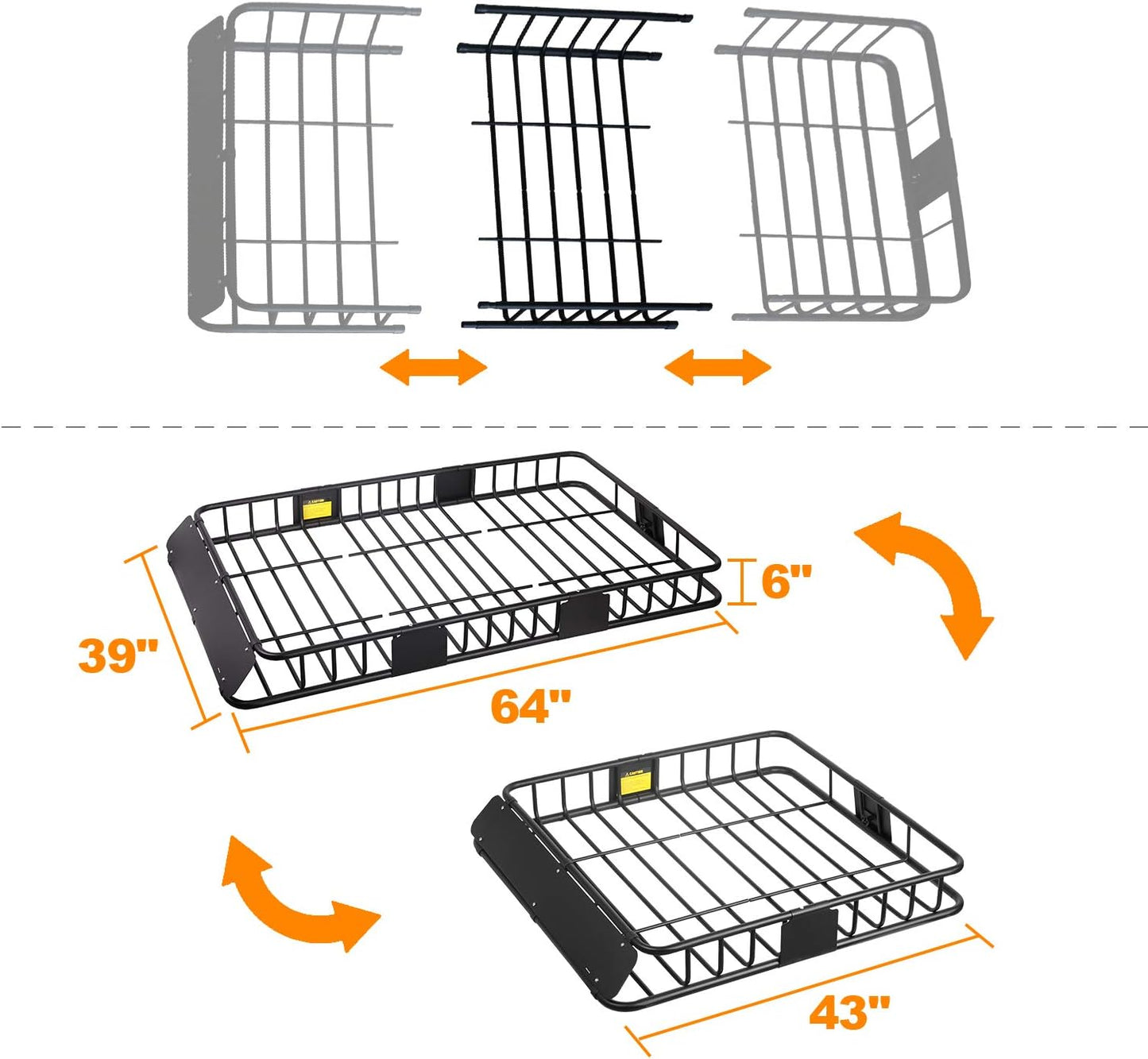 Roof Rack Carrier Basket Rooftop Cargo Carrier with Extension Black Car Top Luggage Holder 64"x 39"x 6" Universal for SUV Cars - OMOTOR