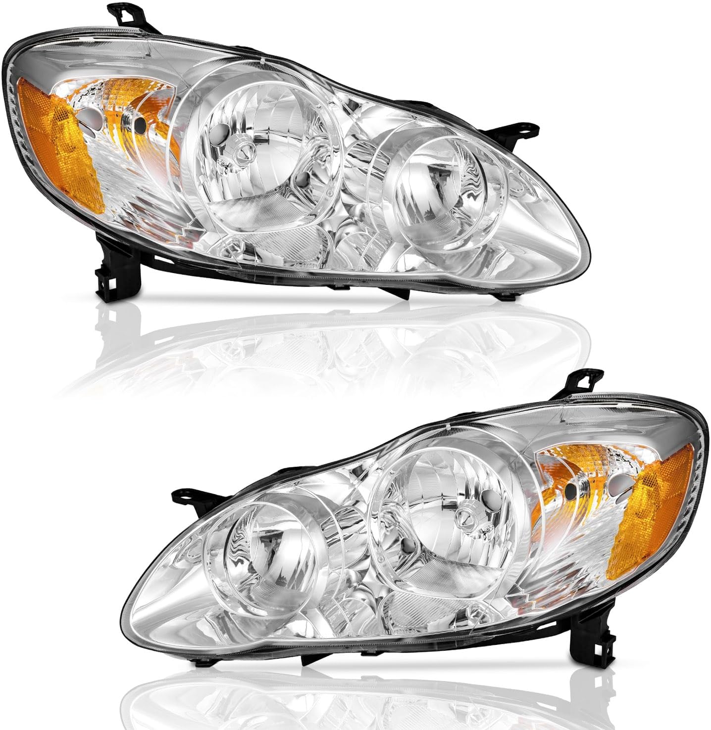 2003-2008 Toyota Corolla Headlights Assembly - Black/Chrome Housing, Amber Reflector (Left + Right Pair Set) for Replacement - OMOTOR