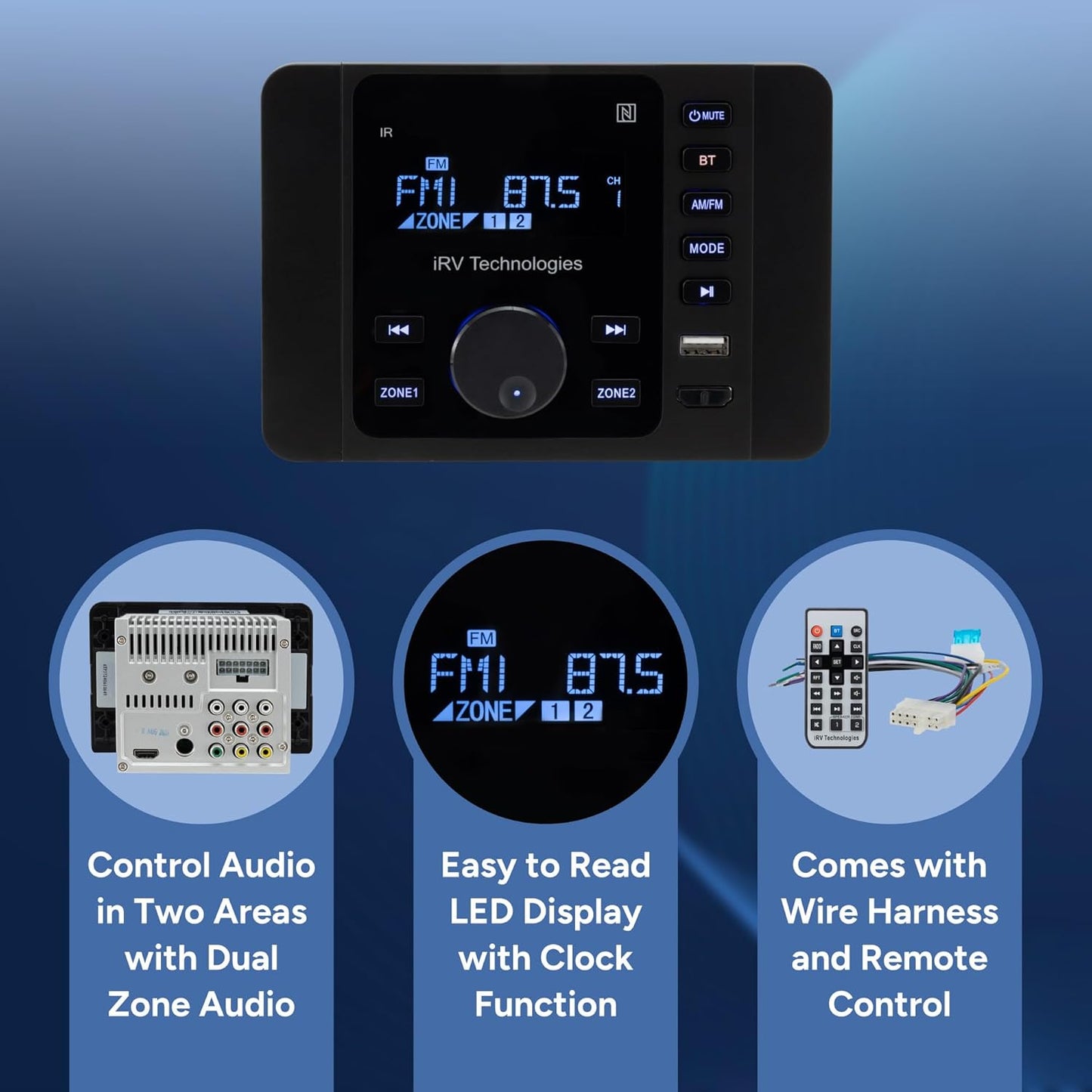 IRV 37 RV Mechless Stereo Unit AM/FM Radio/Bluetooth | Remote Included | LCD Display | Clock