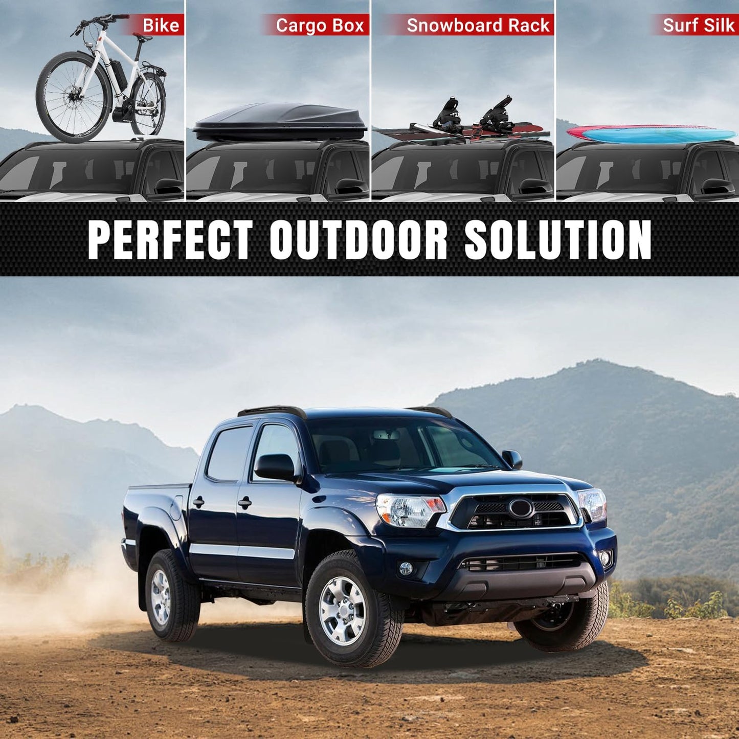 Roof Rack Cross Bar Fit for Toyota Tacoma 2005-2023 Rooftop Side Rails 150LBS Heavy Duty Aluminum Crossbars for Kayak, Surfboard, Canoe, Bike, Luggage & Cargo Carrier
