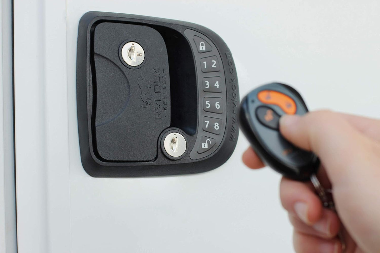 RV Door Lock Replacement with Keyless Entry and Remote, Secure Low Profile RV Door Latch, Perfect Camper Door Lock for a Majority of RVs, Patented Security Technology - OMOTOR