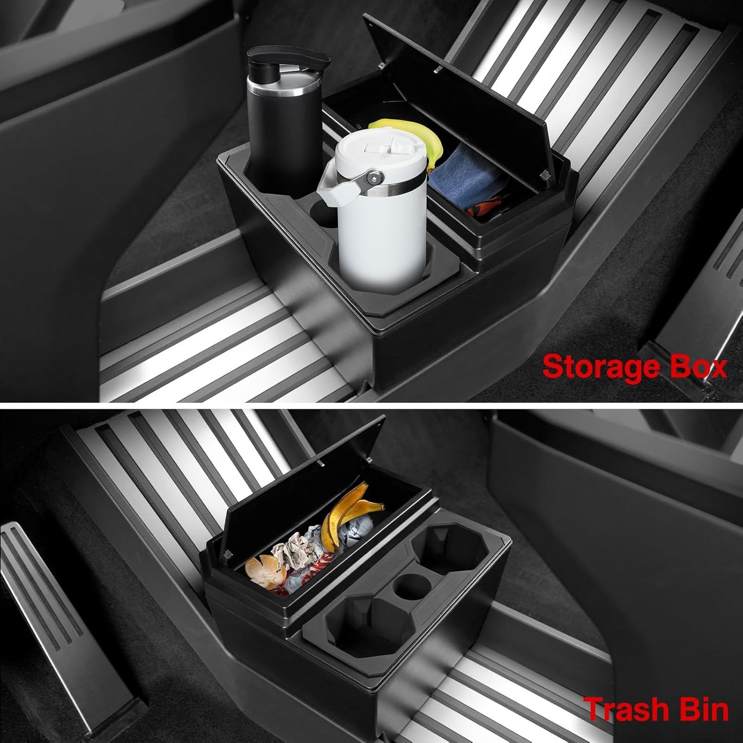 Floor Lower Console Storage Box with Cup Holder for Tesla Cybertruck, Trash Can for Cybertruck Accessories Lined with Silicone Sleeve