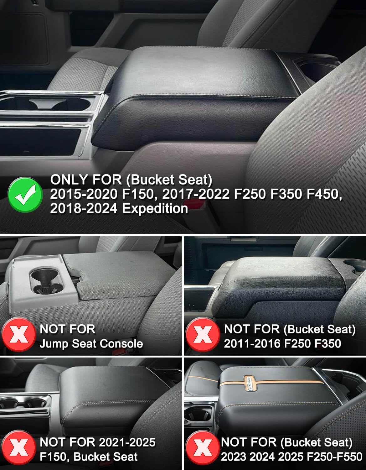 KBH Center Console Armrest Cover for 2015-2020 Ford F150, 2017-2022 F250 F350 F450 F550, 2018-2024 Expedition, Bucket Seat, PU Leather Cushion Thick Pad, Anti-Scratch, Black (Not for Other Years)