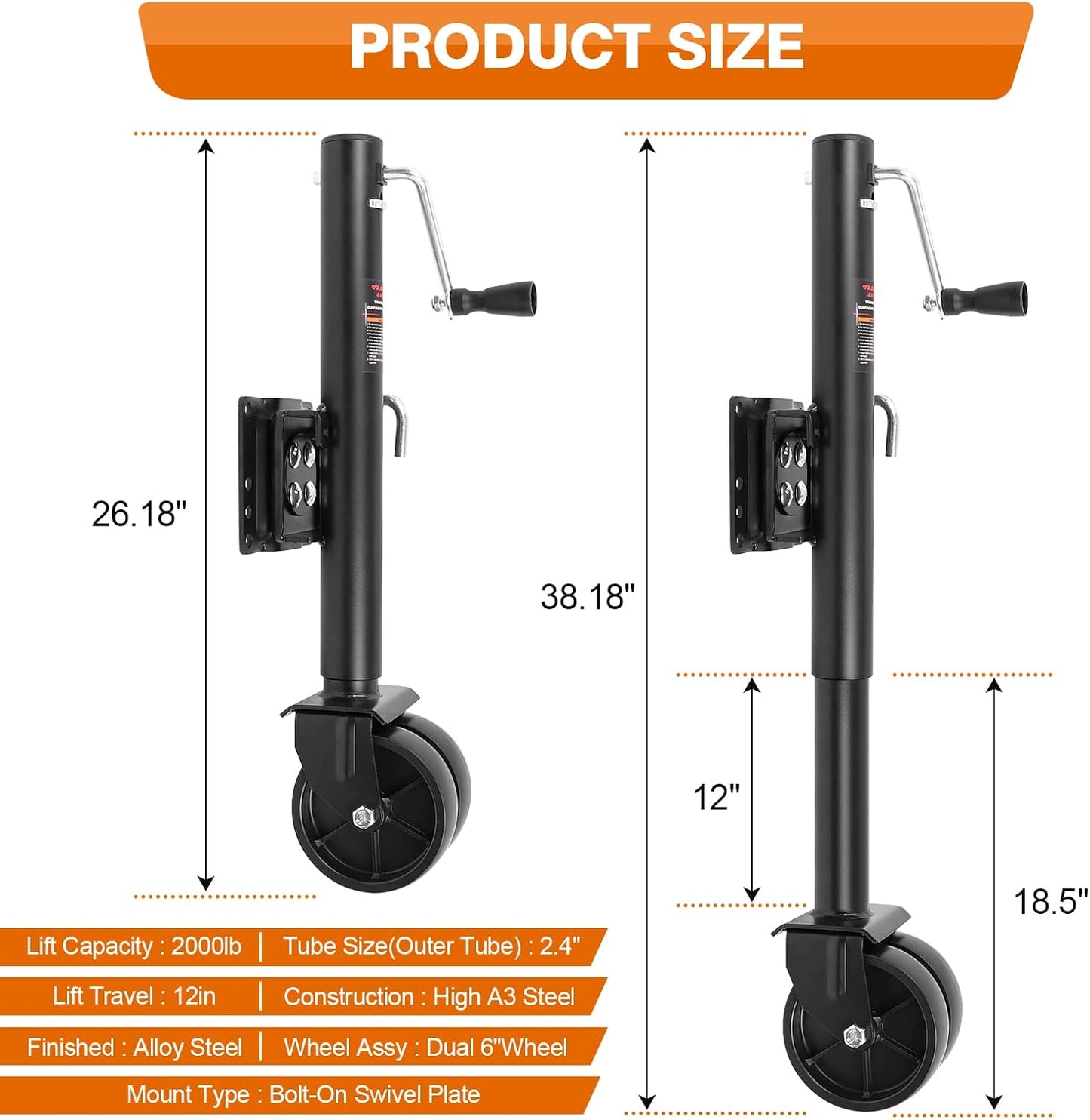 Trailer Jack,Swivel Boat Trailer Jack with 6" with Dual Wheels Heavy Duty 2000 LBs,12" Lift