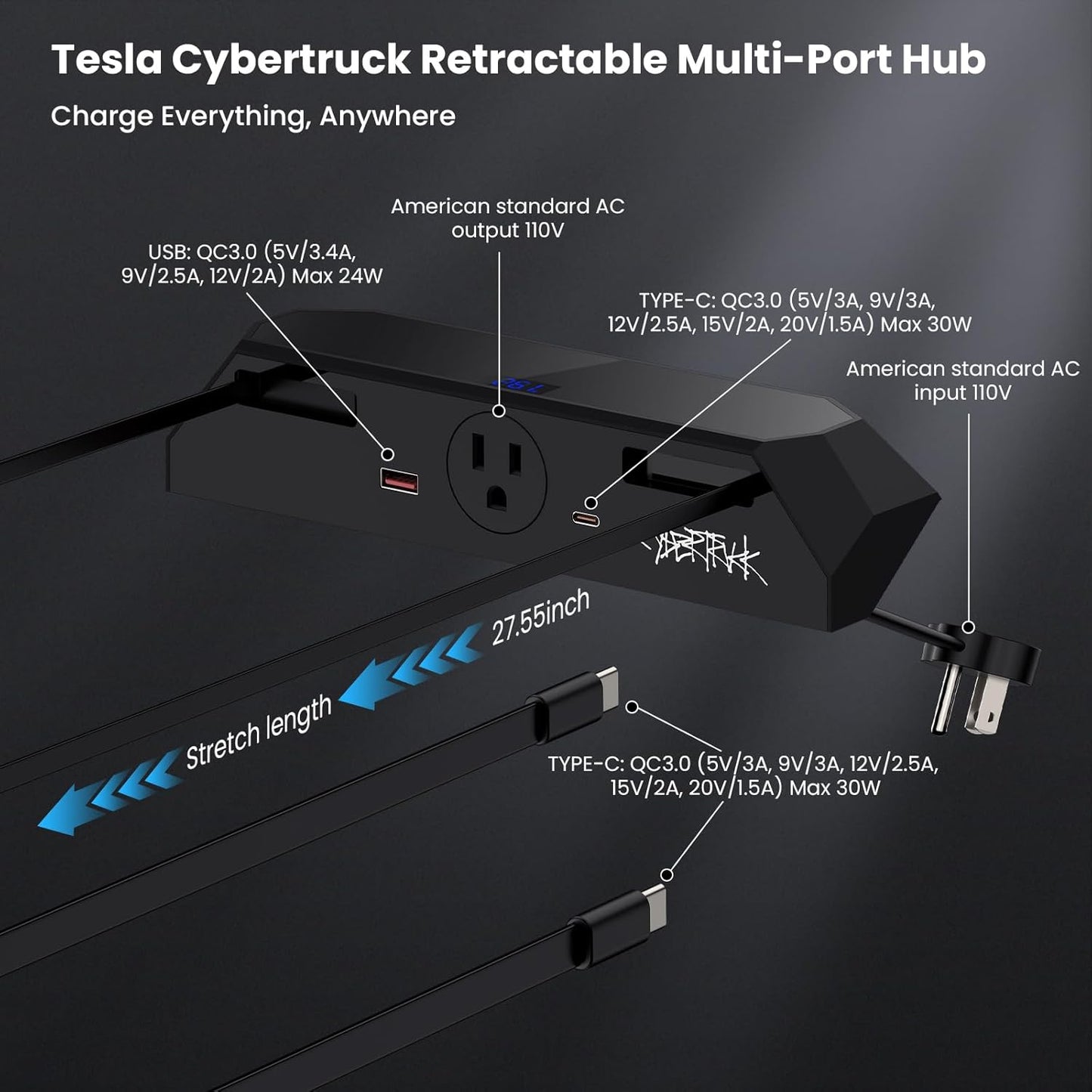Tesla Cybertruck USB Charger Hub with 110V AC Outlet & Retractable Cables - Seamless Integration, 30W PD/QC3.0 Fast Charge, Center Console Docking Station for Cybertruck Accessories