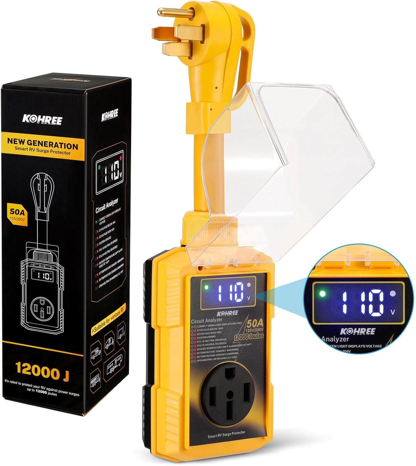 Kohree RV Surge Protector 30/50 Amp with High/Low Voltage Protection, 10000/12000 Joules 30 Amp RV Surge Protector Waterproof, Circuit Analyzer with Smart LED Display for RV Camper, Yellow - OMOTOR