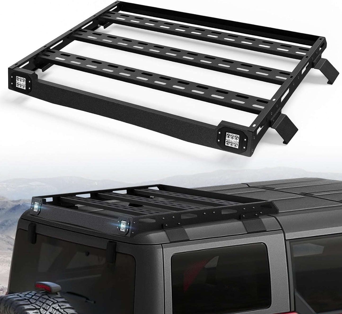 Bronco Half Short Roof Rack Rear Cargo Basket with 2 Pcs Led Light Bars Compatible 2021 2022 2023 2024 Ford Bronco Hardtop 4-Door (Exclude Bronco Sport) Rooftop Storage Carrier Luggage Rack