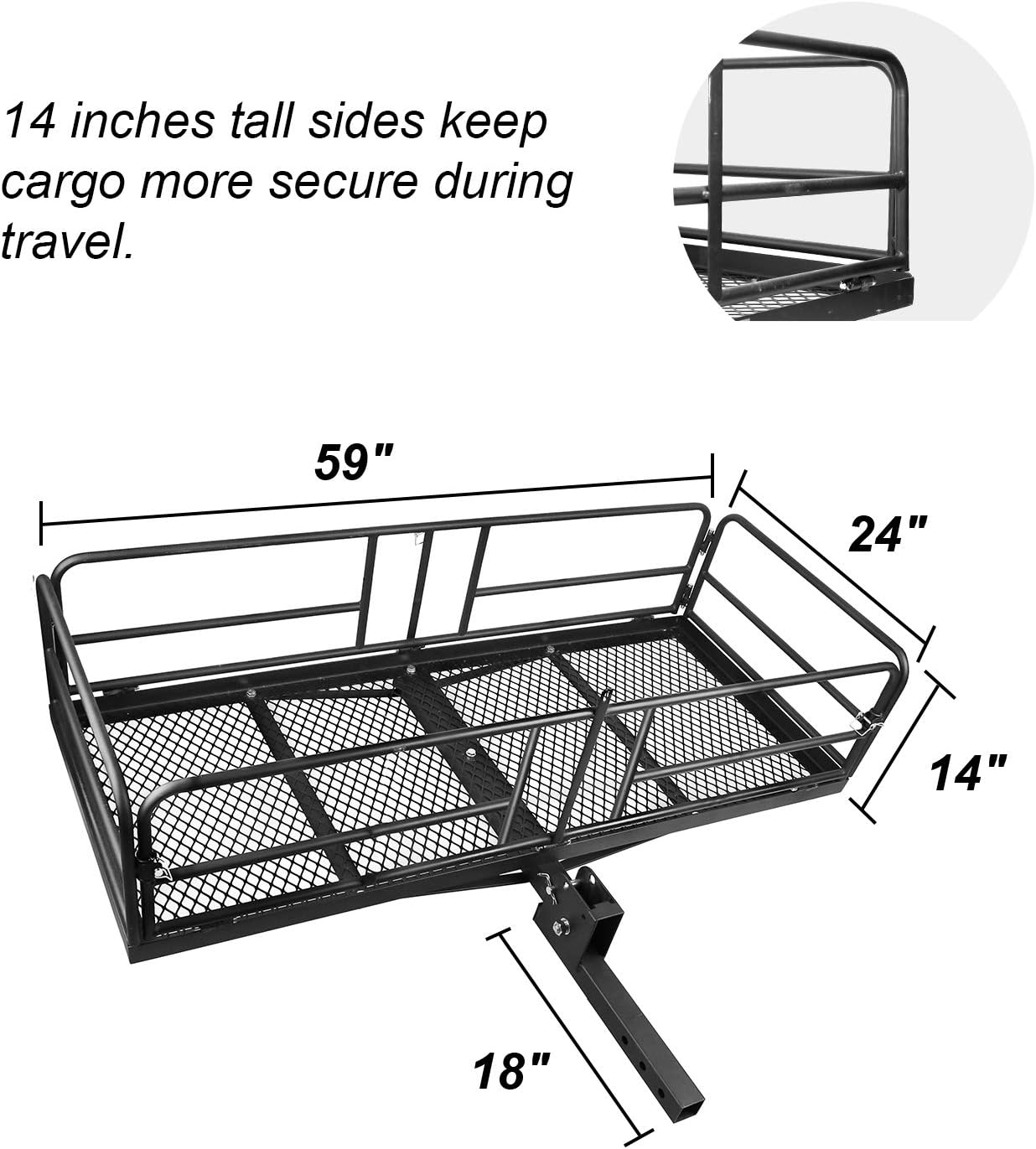 Hitch Mount Cargo Carrier Rack High Side 59" x 24" x 14" Folding Rear Luggage Basket Fits 2" Receiver for Car SUV Camping Traveling - OMOTOR