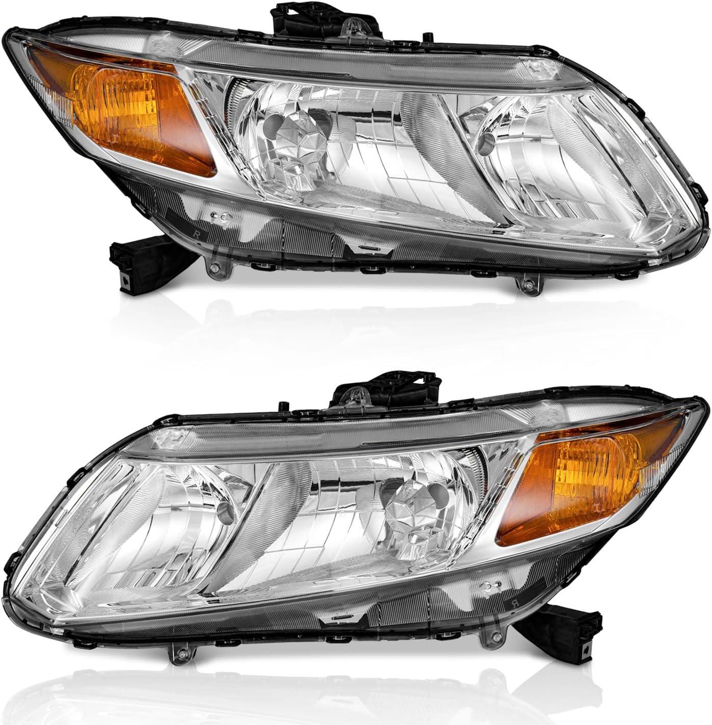 2012-2015 Honda Civic 4Dr Sedan & 12-13 Honda Civic 2Dr Coupe Headlights - Black/Chrome Housing, Amber Reflector (Left + Right Side, Not for Hybrid or Hybrid-L Models) - OMOTOR