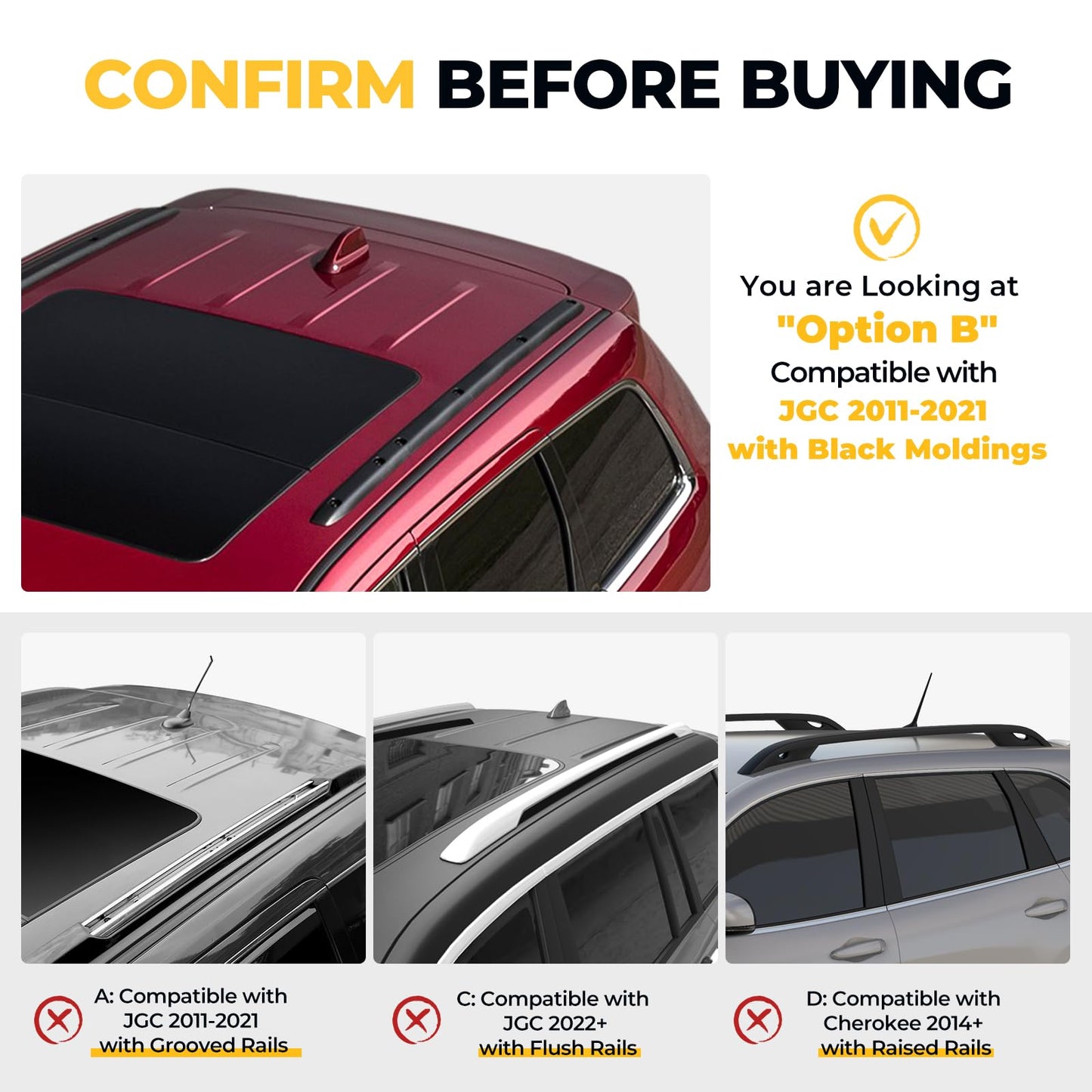 Roof Rack Cross Bars Compatible with Jeep Grand Cherokee Altitude & SRT & Trackhawk with Roof Black Moldings 2011-2022, Aluminum Crossbar Replacement with Lock for Roof Cargo Kayak Skiboard - OMOTOR