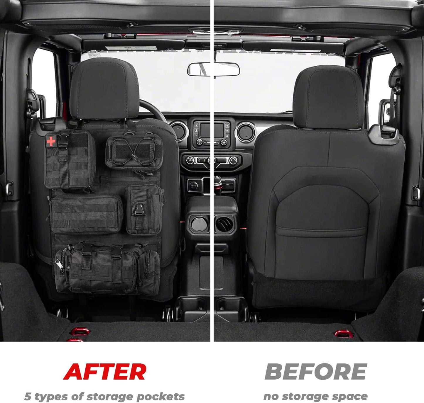 OHMU Tactical Seat Back Organizer Storage Hanger Bag with 5 Detachable Molle Pouch Vehicle Molle Panel Organizer Storage Bag Universal fits for All Vehicel