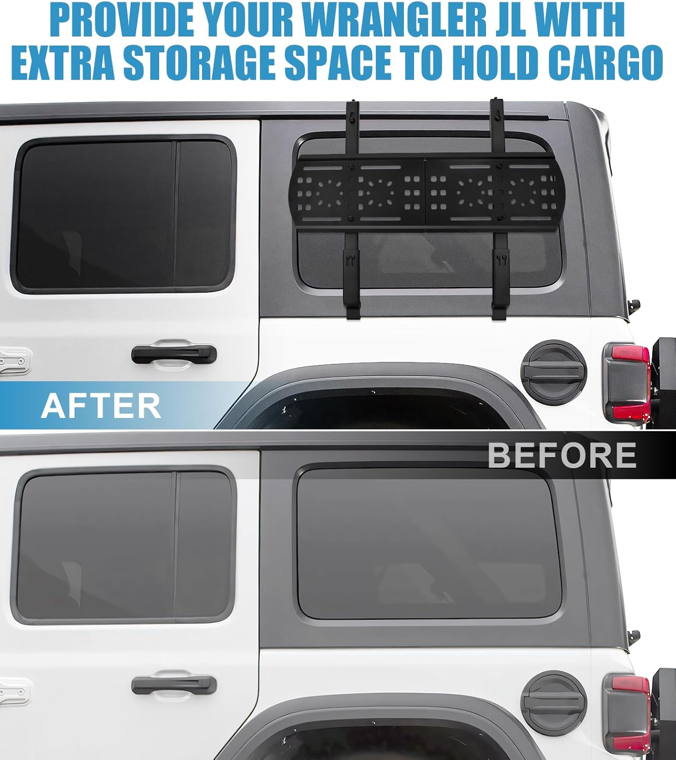 Rear Window Storage Molle Panel Kit Fits for 2018-2025 Jeep Wrangler JL Accessories, Cargo Bracket Mounting Plate for Recovery Traction Boards Mount Gas Can Mount, Wrangler JL Storage Solution