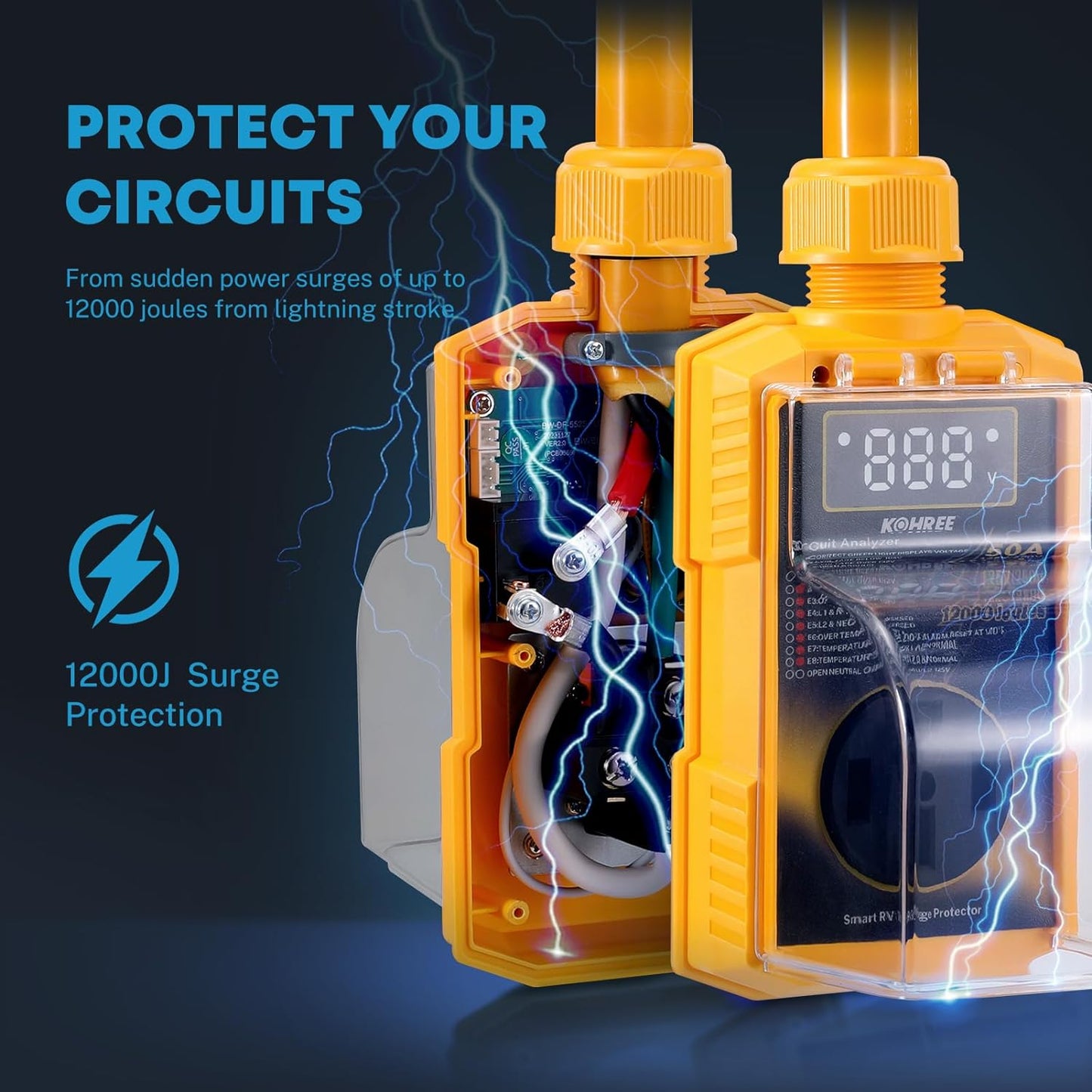 Kohree RV Surge Protector 30/50 Amp with High/Low Voltage Protection, 10000/12000 Joules 30 Amp RV Surge Protector Waterproof, Circuit Analyzer with Smart LED Display for RV Camper, Yellow - OMOTOR
