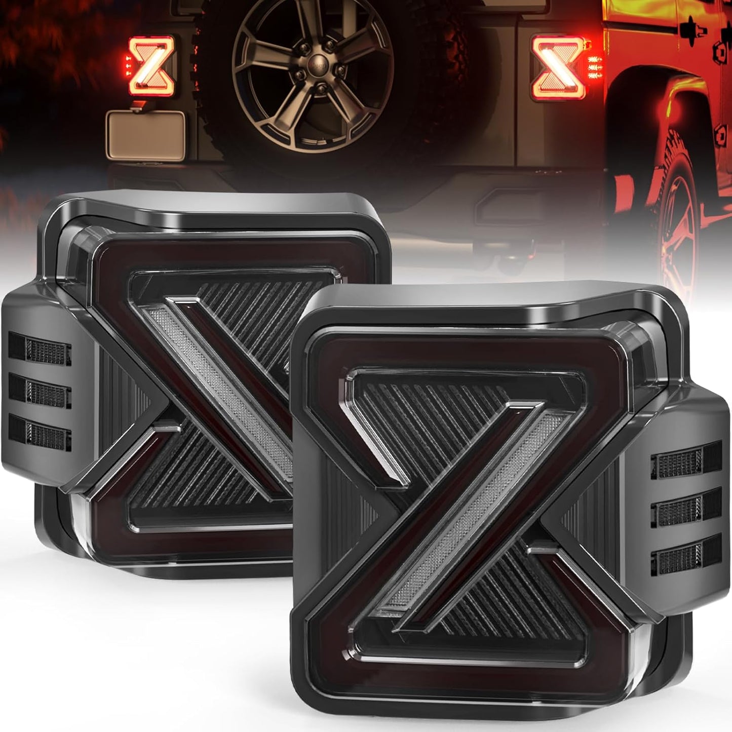 LED Tail Lights for 2007-2018 Jeep Wrangler JK JKU - X & Z Shaped Design, Dynamic Start Up, Parking, Brake, Turn Signal, Reverse Light, Easy Install - OMOTOR