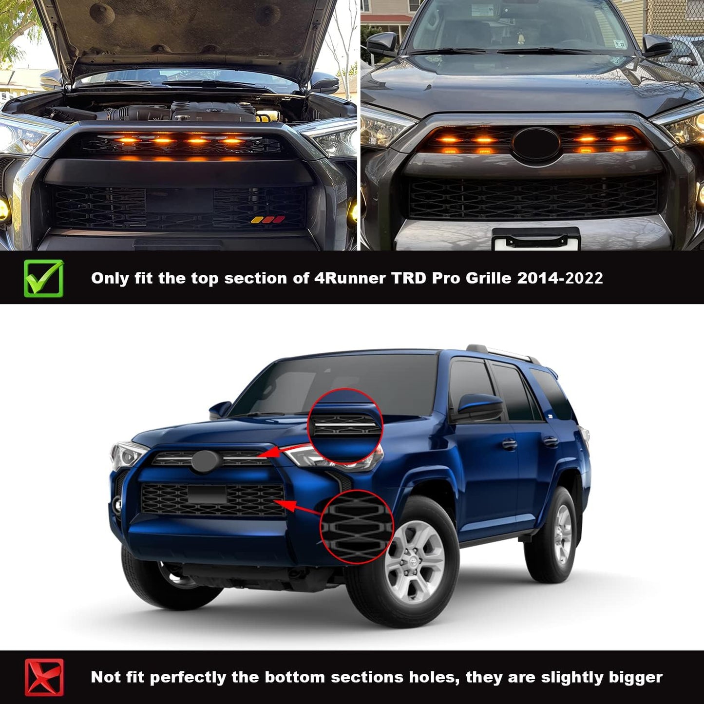 SEVEN SPARTA 4 PCS Grill Led Lights Compatible with Toyota 4Runner 2014-2024 TRD Pro Grille and 2014-2019 SR5, Premium, Limited, TRD Off-Road, Fuse and Instruction Included (Smoke Shell/Amber Light)