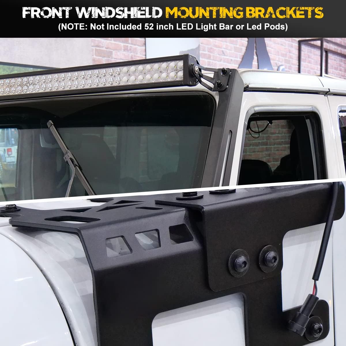 50 - 52 inch A-Pillar LED Light Bar Windshield Mount Brackets for Jeep 2018-2025 Wrangler JL JLU Umlimited, 2019-2025 Gladiator JT, Hawkley Light Bar Mounting Bracket with 2X 4 inch LED Spot Light