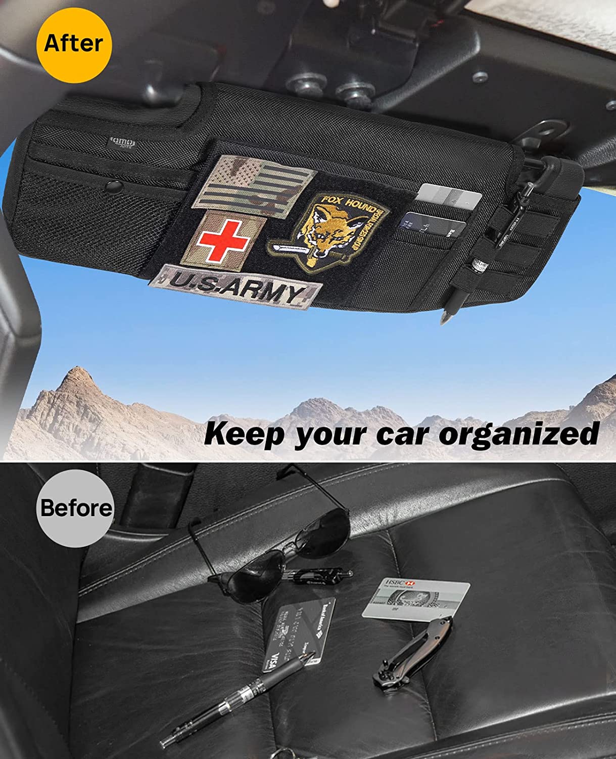 Upgraded Sun Visor Organizer Compatible with Wrangler JL & JT 2018-2023, QMPARTS Driver's Side Front Tactical Visor Storage Cover Molle Webbing Visor Storage Holder Pouch, Multi-Pocket Net Zipper - OMOTOR
