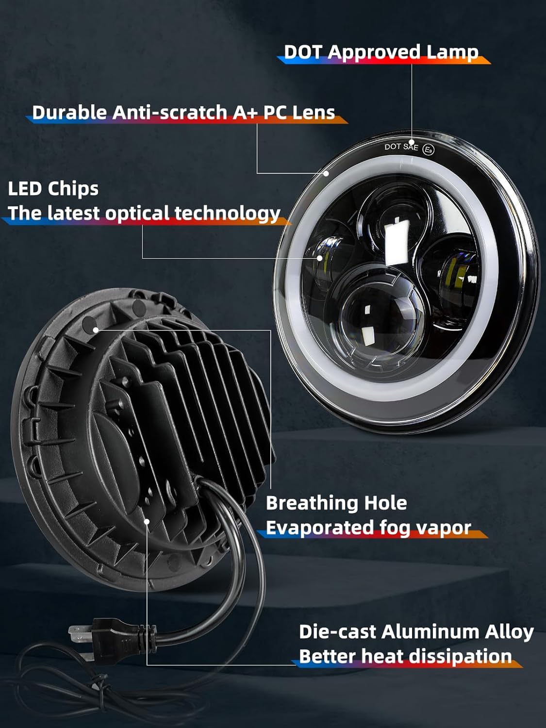 7" Inch RGB LED Headlights Bluetooth & IR Controlled with Dancing Halo Ring Compatible with 1997-2018 Jeep Wrangler TJ JK - OMOTOR