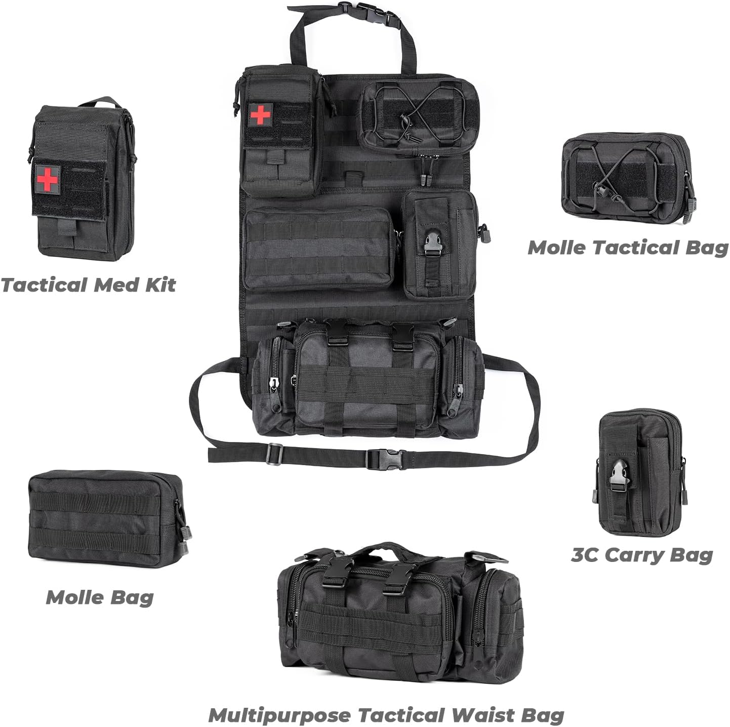 Universal Tactical Car Seat Back Organizer Patrol Bag Tactical Molle Vehicle Organizers with 5 Detachable Molle Pouches Multi-function Designed - OMOTOR