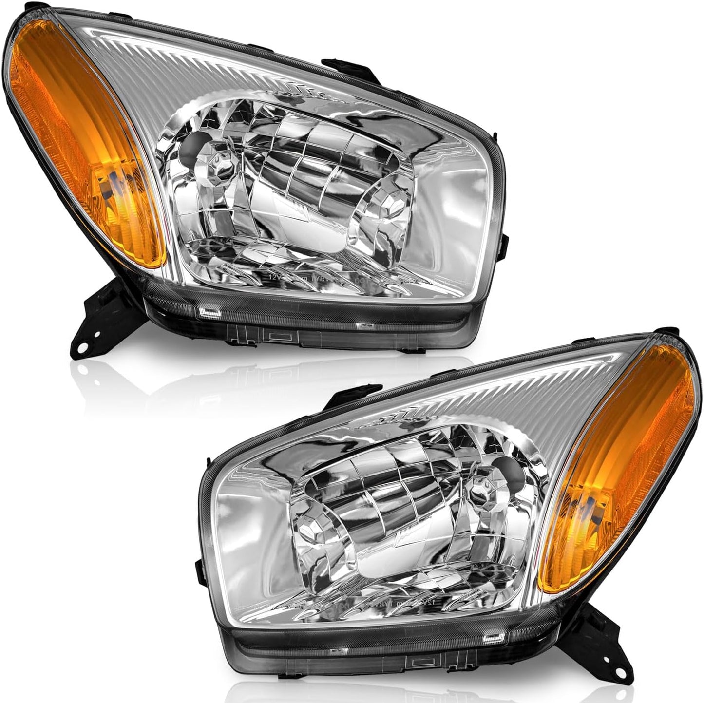 Headlight Assembly for 2001-2003 Toyota RAV4 - Black/Chrome Housing, Amber Reflector, Left & Right Pair - OMOTOR