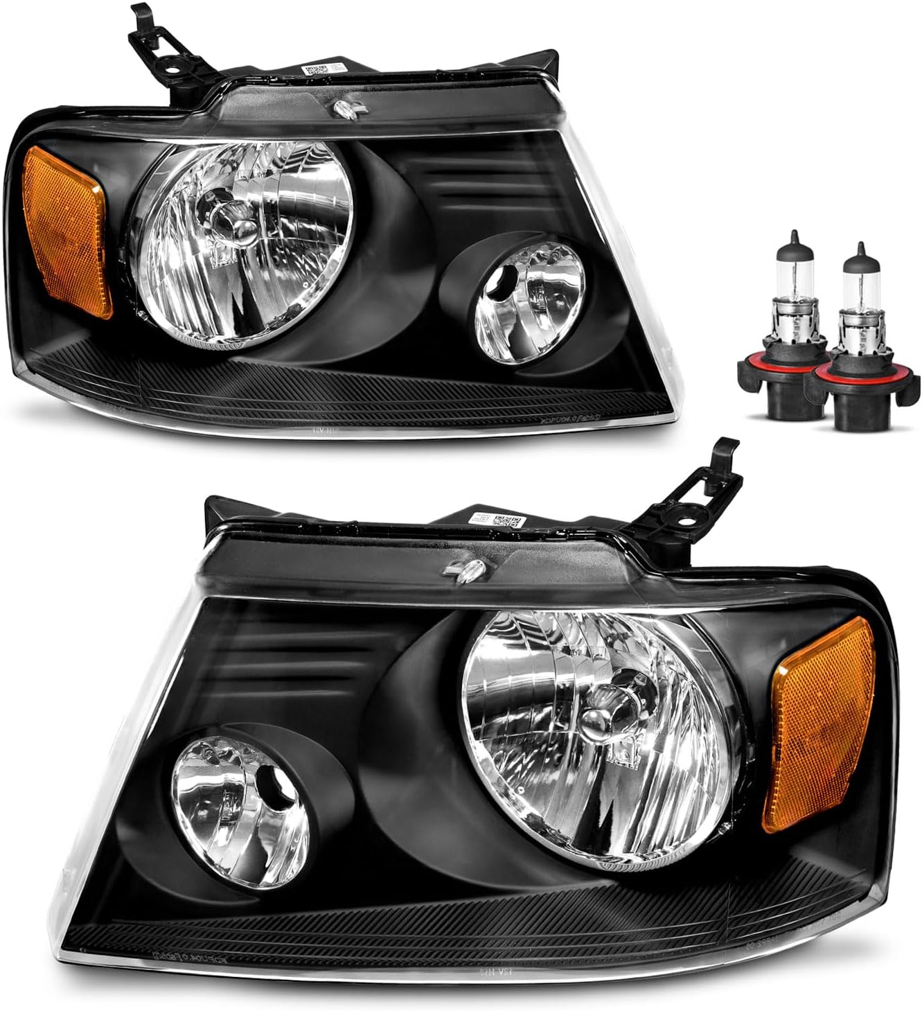 Headlights Assembly Compatible with 04-08 Ford F150 Pickup/06-08 Mark LT, Headlamp for 2004-2008 Headlight Black Housing Amber Reflector - OMOTOR