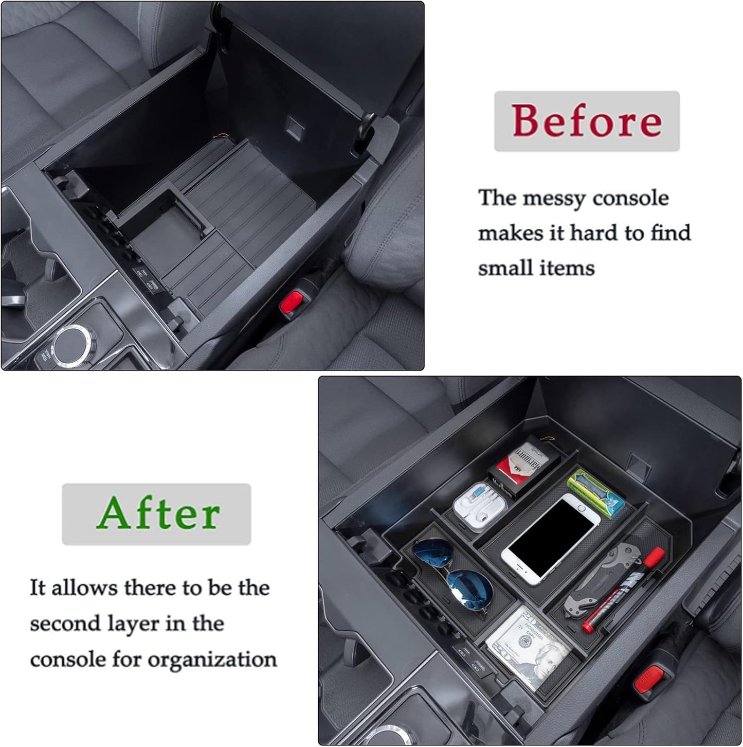 JDMCAR Center Console Organizer Compatible with 2022 2023 2024 2025 Toyota Tundra Accessories and 2023-2025 toyota sequoia Armrest Secondary Storage Box ABS Material with Non-Slip Mats (Black Trim)