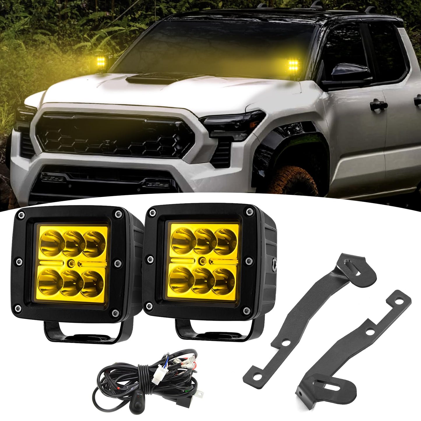 Wsays 2pcs 24 W LED Light Pods & Ditch Hood Hinge LED Pod Mount Bracket w/Wiring Kit Compatible with Toyota Tacoma 2016-2024