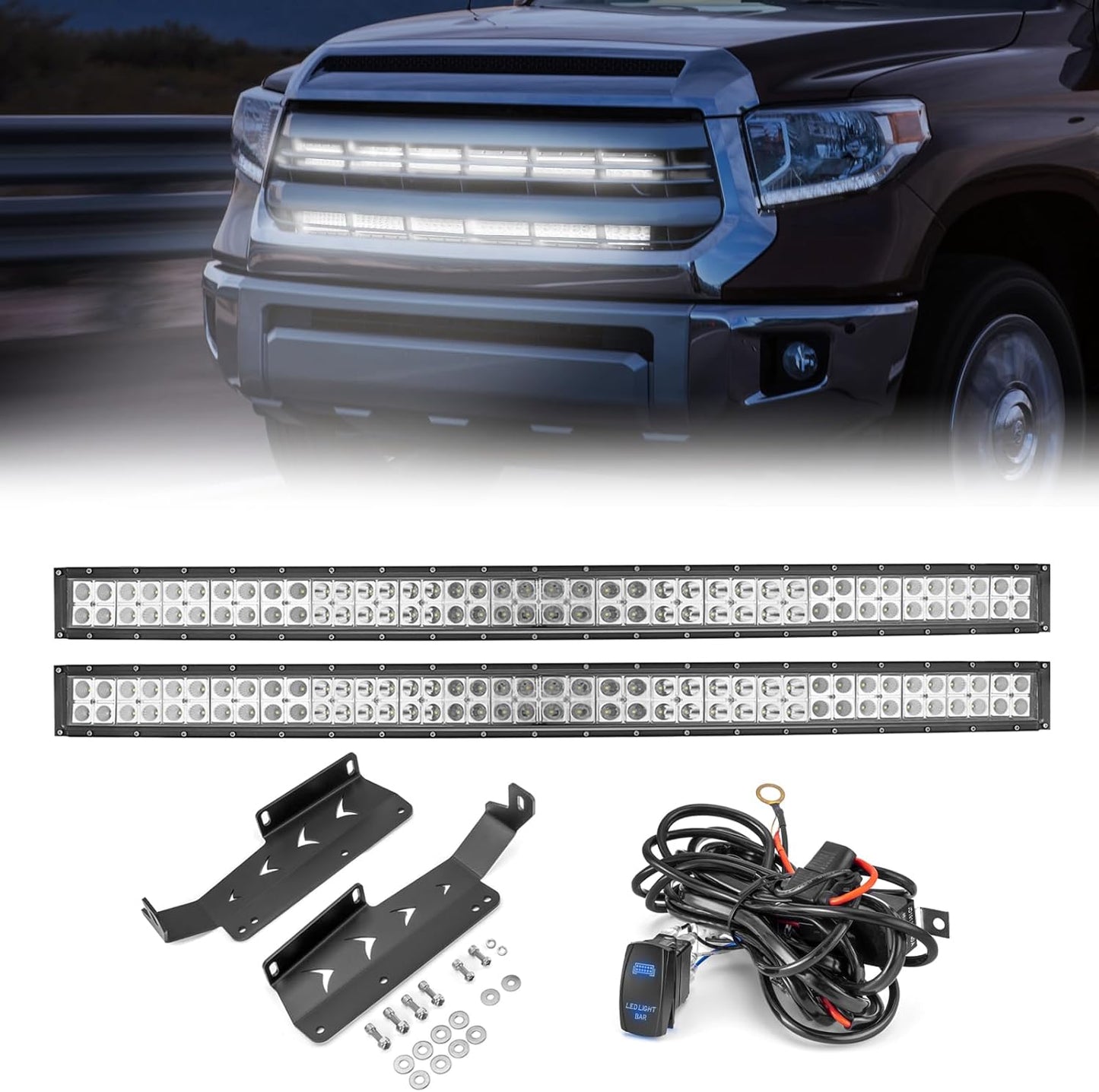 WeiSen 2PCS 42" Dual Row Curved LED Light Bar & Front Hidden Grill Light Bar Mounting Brackets w/Wiring Kit Compatible with Toyota Tundra 2014-2021