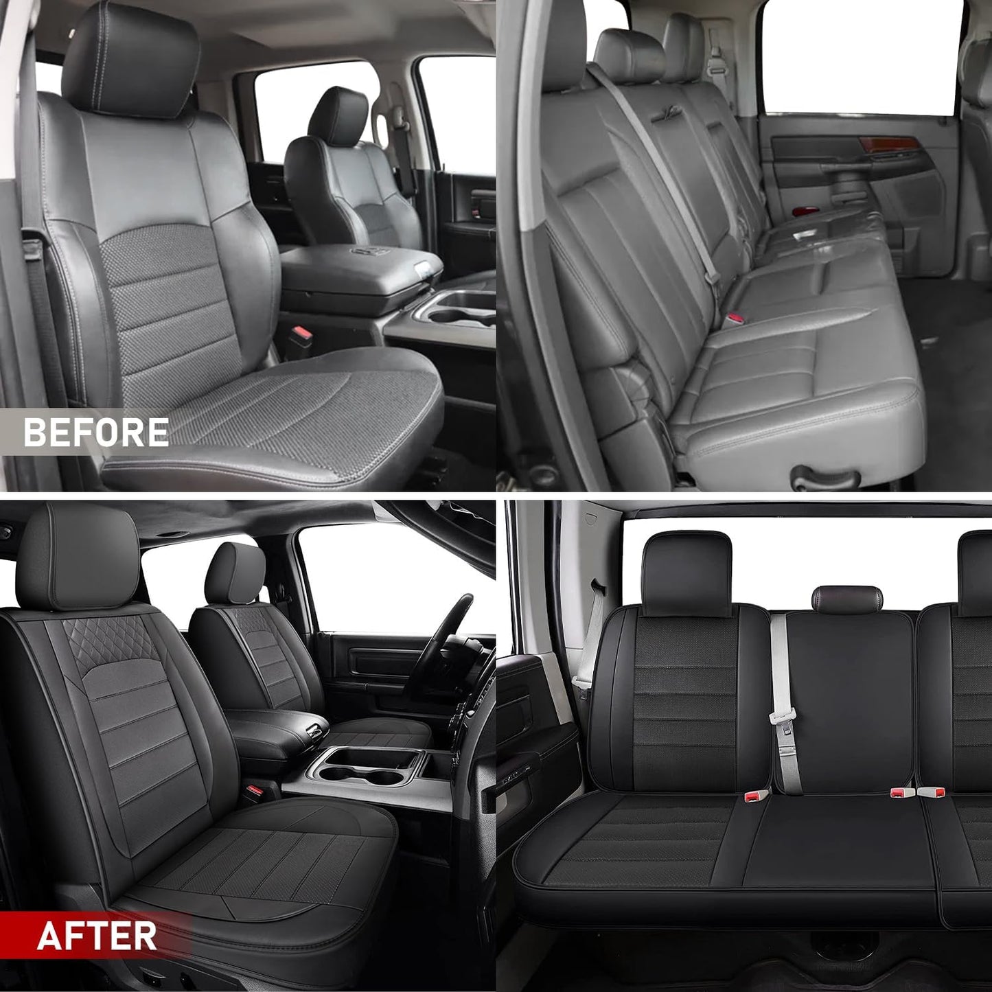 OHMU Custom Fit Seat Covers for Dodge RAM 1500 2500 3500 (2009-2024) Crew Quad Mega Cab Truck with Flat Bench, Full Set 5PCS Waterproof, Black
