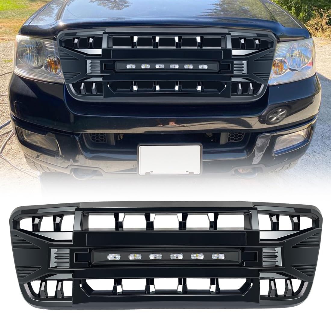 Front Grill Replacement for F150 2004-2008, Matte Black Front Bumper Grille w/Off-Road Lights - OMOTOR