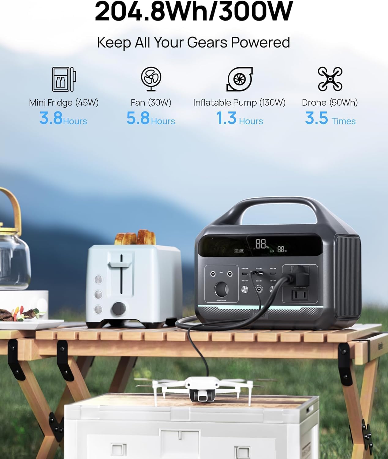 Portable Power Station 300W (600W Surge), 204Wh Solar Generator LiFePO4 Electric with AC&DC Outlets Fast Charging for Outdoors Camping Essentials Backup Bank Emergency, RV, Off-Grid Living