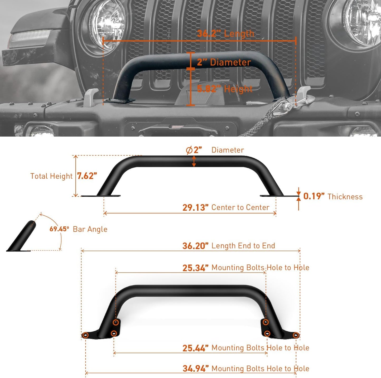 RockTrix Black Front Brush Guard, Tall 5.8 inch Height to Clear Winch, Compatible with 2018+ Jeep Wrangler JL, 2019+ Gladiator JT - Steel Bar Grille Guard for Steel Rubicon Bumper, Replaces 82215351