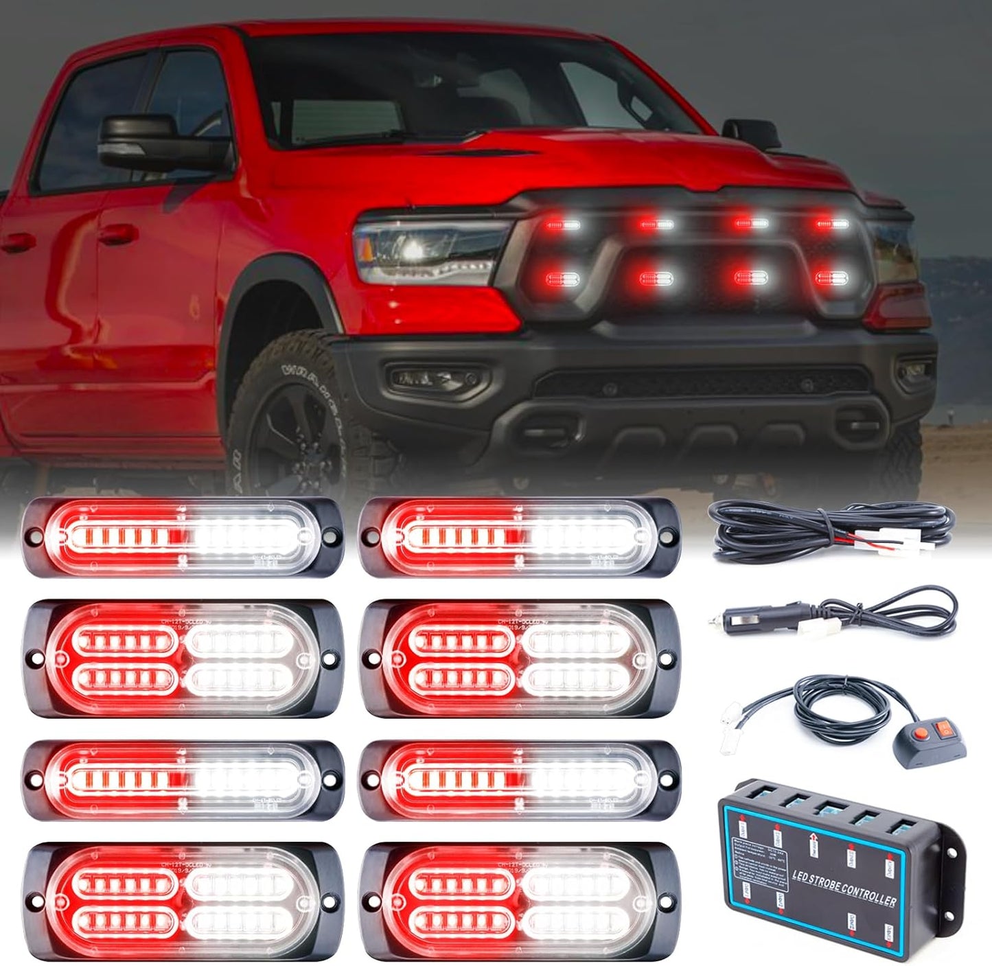 8pcs Sync Feature Emergency Strobe Grille Lights LED Ultra Slim Surface Mount Flashing Hazard Warning Light Bar with Controller for Firefighter/Construction/Trucks/Vehicles/Car - OMOTOR
