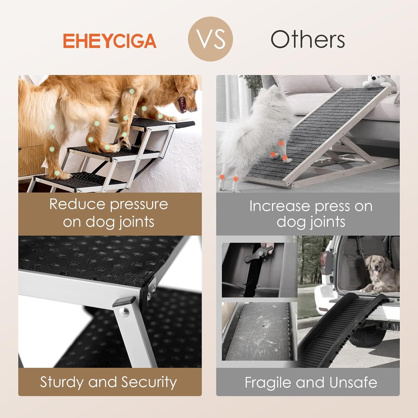 Foldable Dog Car Ramp for Large Dogs, Portable Dog Steps for SUV, Aluminum Dog Stairs with Non-Slip Surface for High Beds, Trucks and SUVs, 5 Steps - OMOTOR