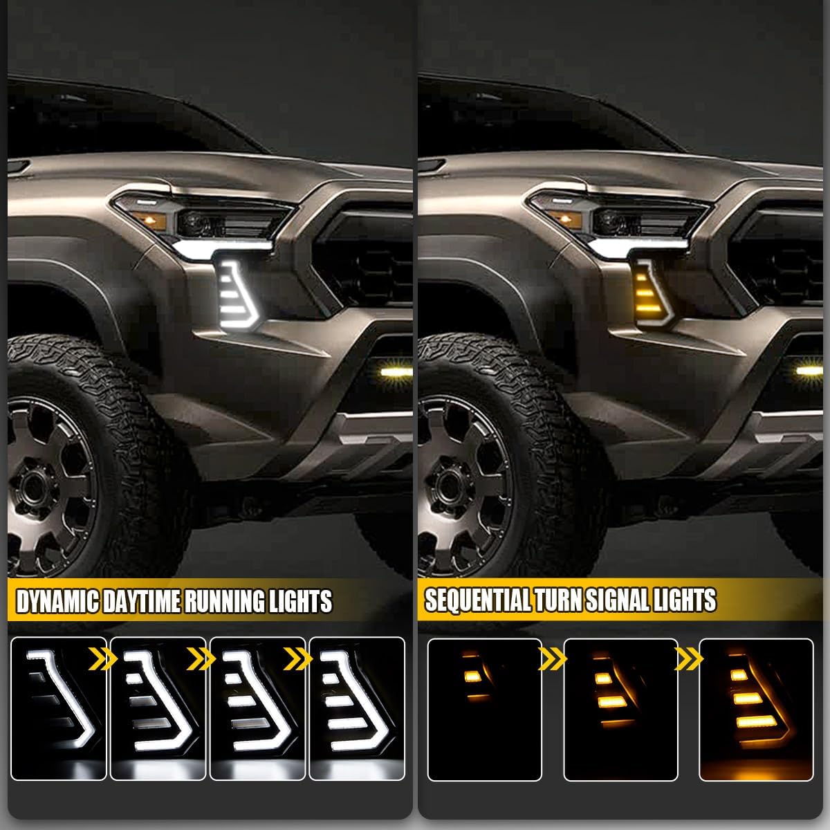 LED Daytime Running Lights White DRL Compatible with Tacoma 2024 2025, With Amber Sequential Turn Signal Lights Front Bumper Fog Lights Kit Tacoma Accessories