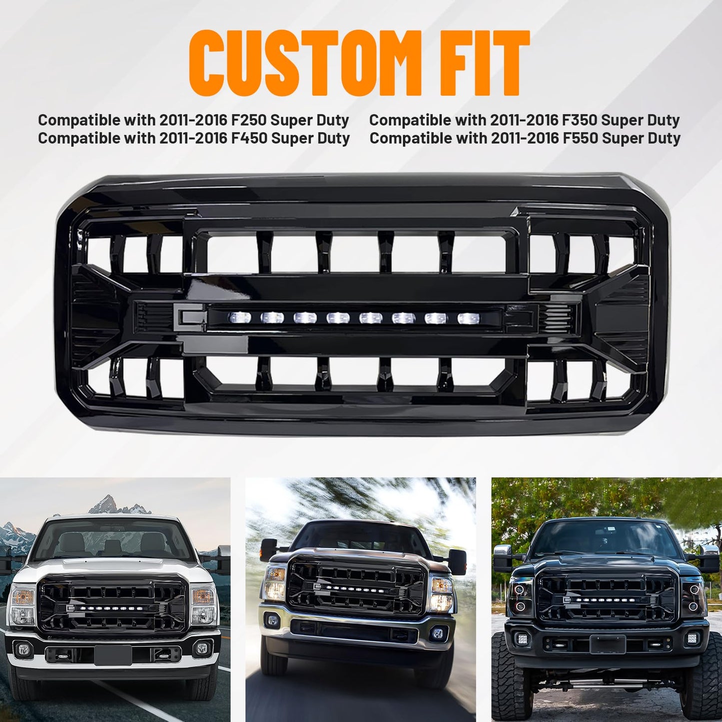 Front Grille Compatible with 2011-2016 F250 F350 F450 F550 Super Duty, Matte Black Front Bumper Grill Guard w/Off-Road Lights - OMOTOR