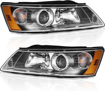 Headlights for 2006-2008 Hyundai Sonata - Black Housing, Amber Reflector, with Bulbs, Headlamp Assembly Replacement