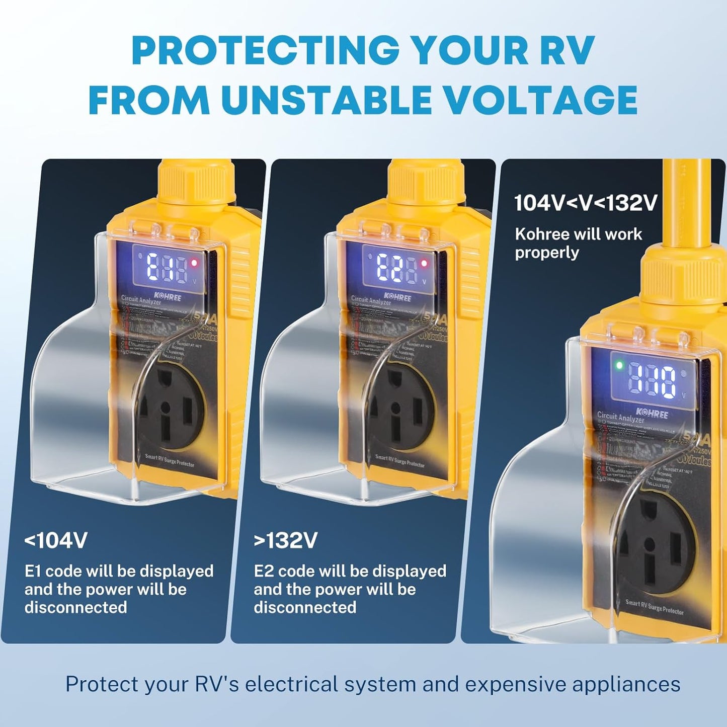 Kohree RV Surge Protector 30/50 Amp with High/Low Voltage Protection, 10000/12000 Joules 30 Amp RV Surge Protector Waterproof, Circuit Analyzer with Smart LED Display for RV Camper, Yellow - OMOTOR