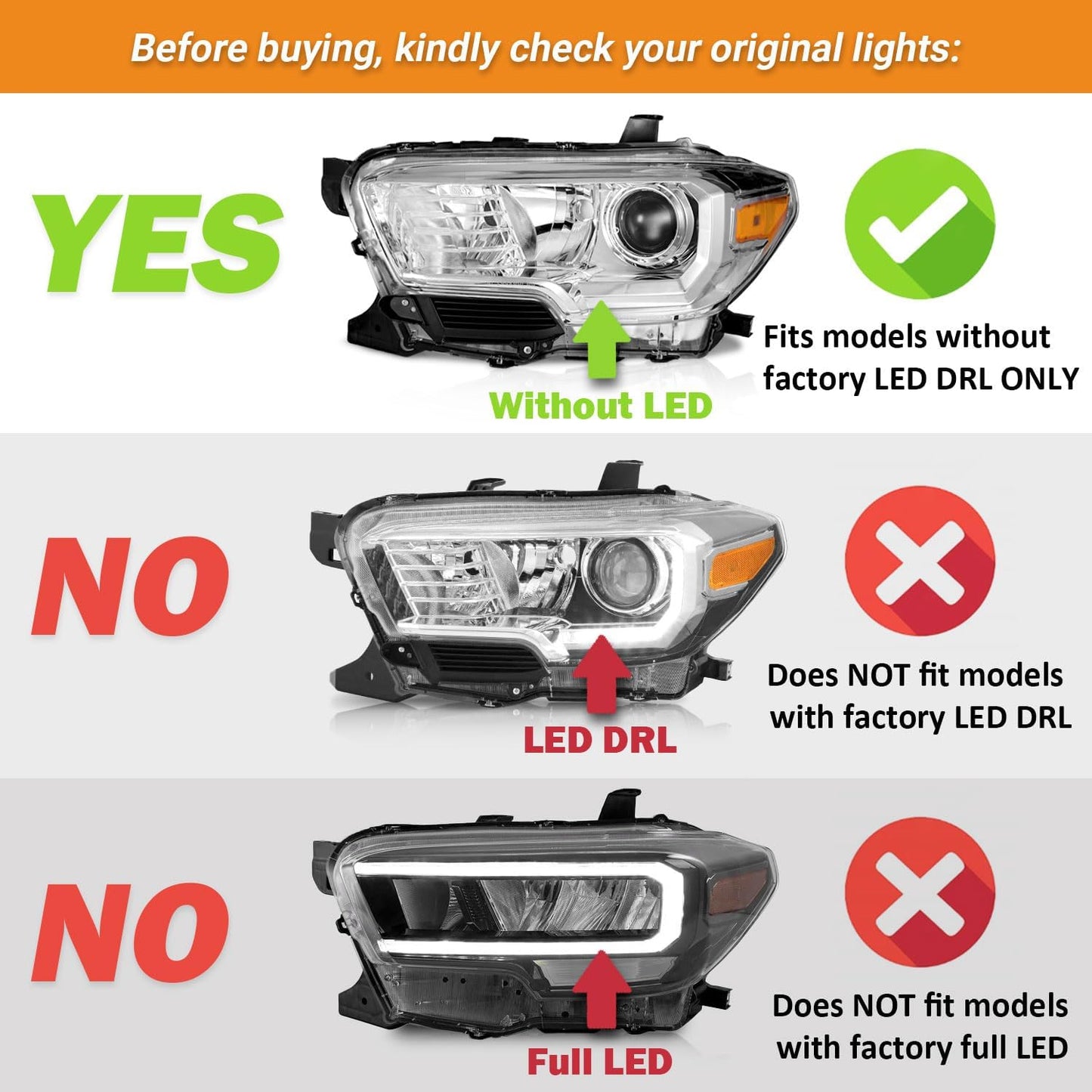 LED DRL Headlights for 2016-2022 Toyota Tacoma TRD/Limited - Black/Chrome Housing, Headlight Assembly Replacement - OMOTOR