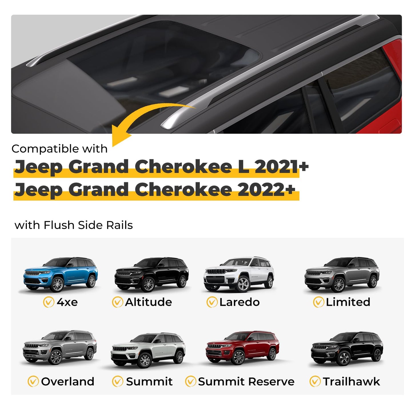 Roof Rack Cross Bars Compatible with Jeep Grand Cherokee Altitude & SRT & Trackhawk with Roof Black Moldings 2011-2022, Aluminum Crossbar Replacement with Lock for Roof Cargo Kayak Skiboard - OMOTOR