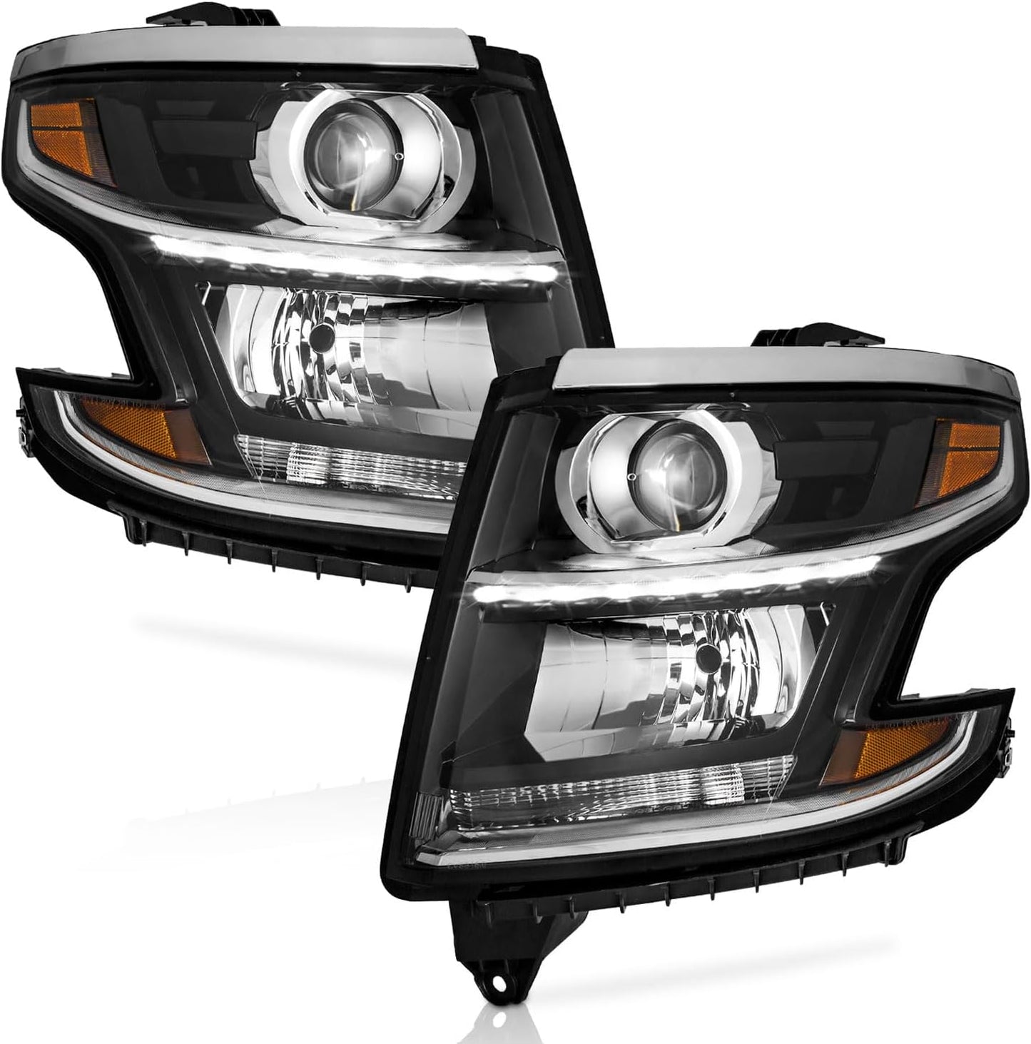 Headlights for 2015-2020 Chevy Tahoe/Suburban & 2016-2019 Chevy 3500HD - Chrome/Black Housing with Amber Reflector - OMOTOR