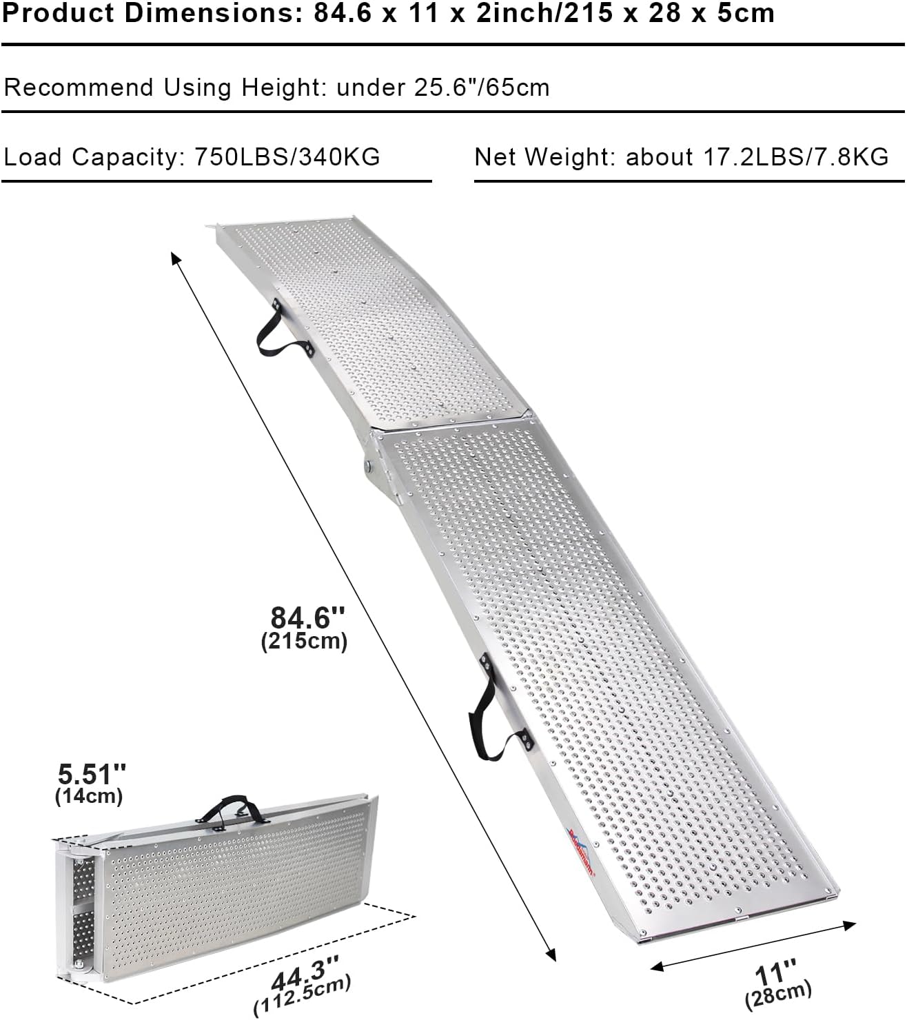 7.5'L × 11" W Folding Loading Ramp, 750 lbs Capacity, Aluminum Portable ATV UTV Ramp/Motorcycle Ramp/Truck Ramp for Dirt Bikes,Carts,Trucks,Lawn Mowers,Snow Blowers Pickup,1 PC Silver - OMOTOR