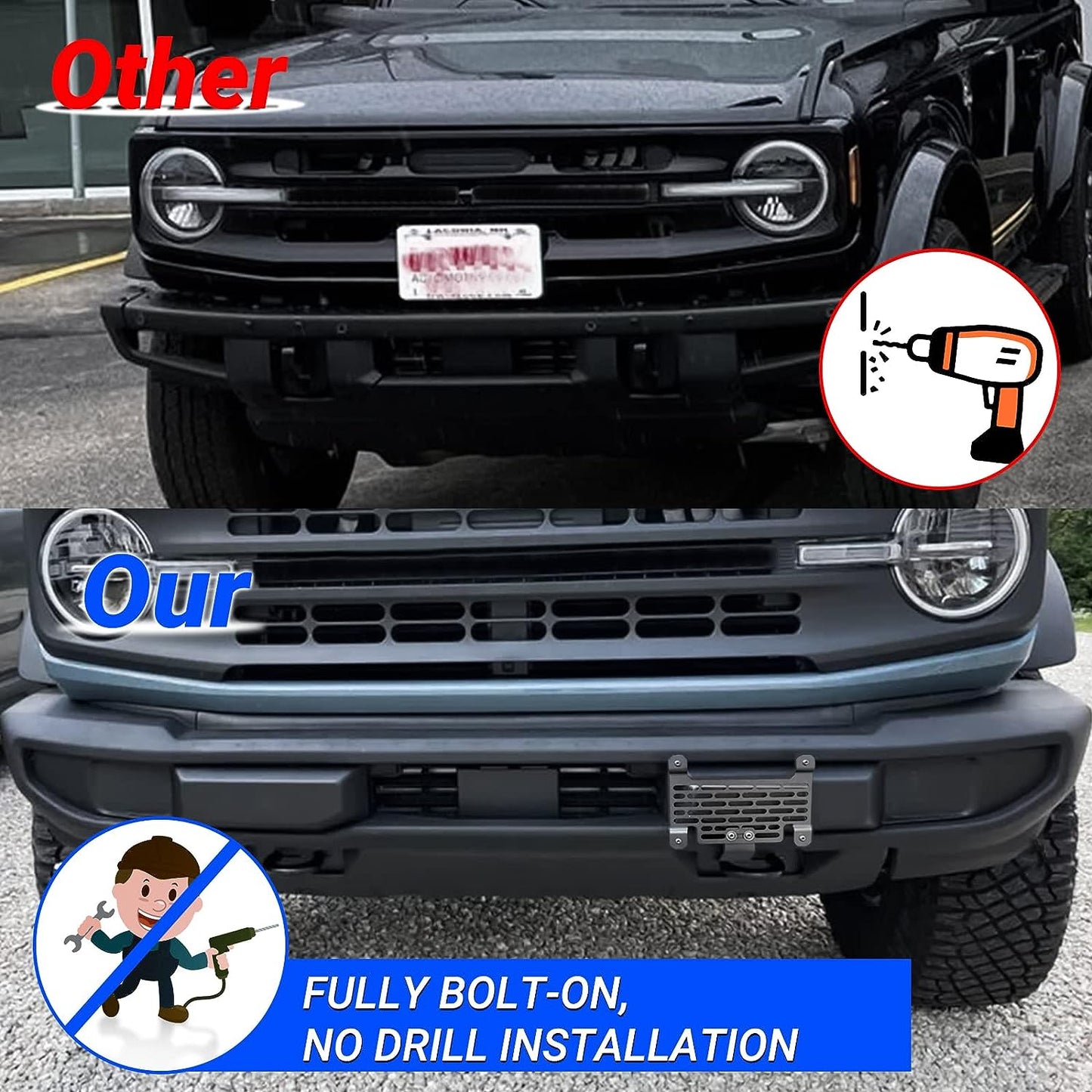 2021 2022 2023 Bronco License Plate Holder Mount Front License Plate Frame Relocation Bracket for Standard Plastic Bumper Compatible with Ford Bronco Accessories 6th Gen. - OMOTOR